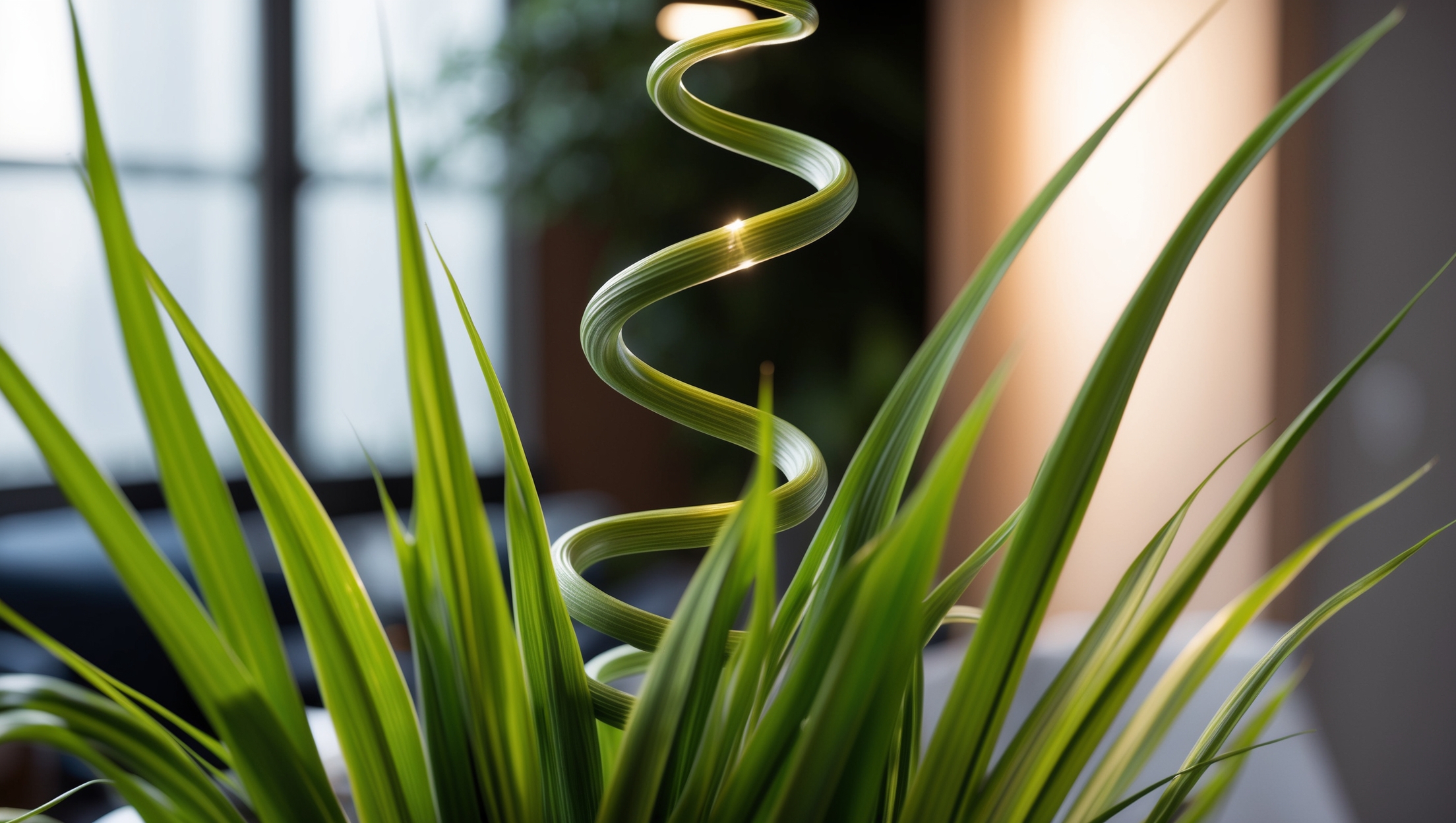 corkscrew grass plant on a shelf