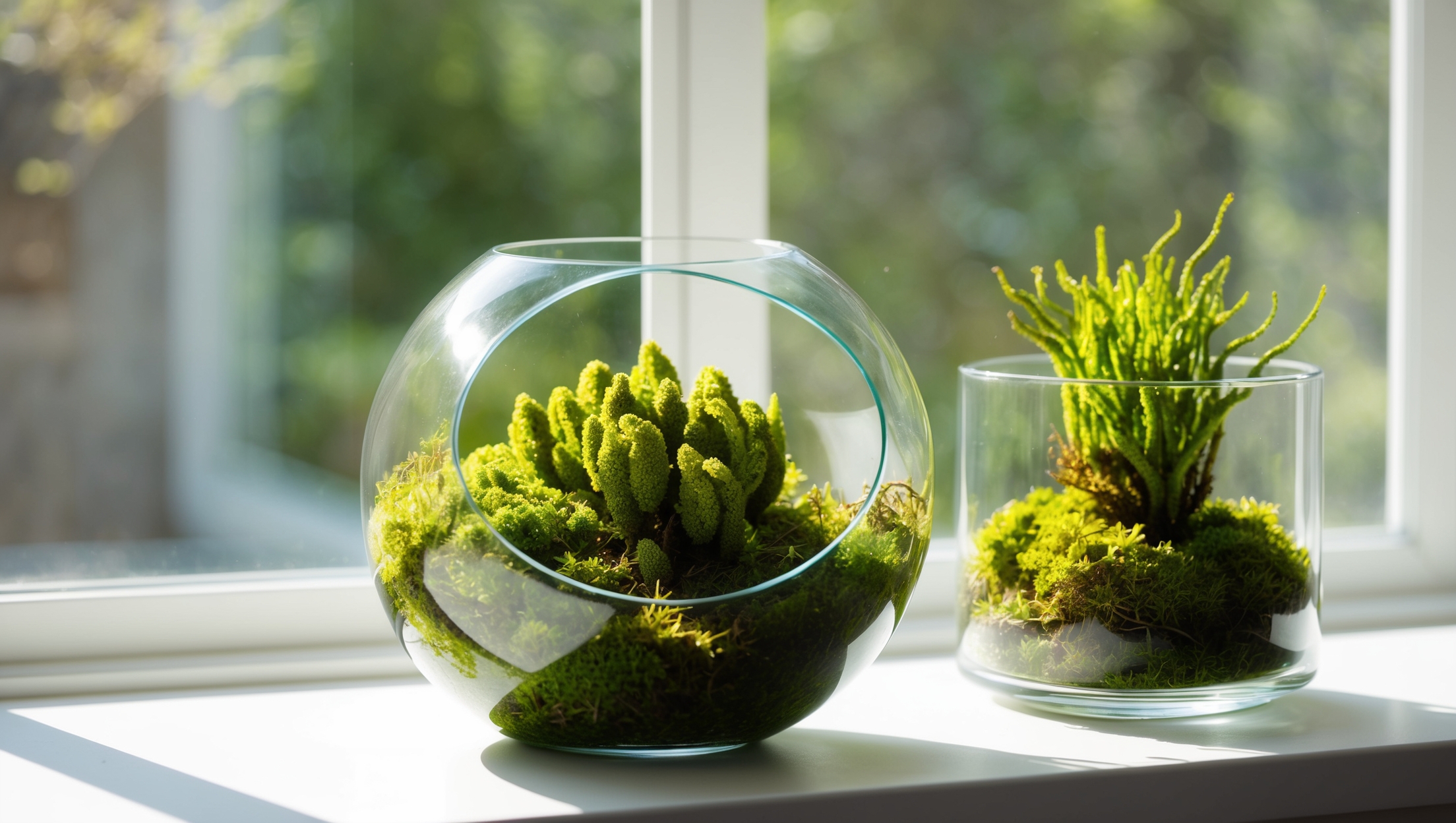 A moss garden in a clear terrarium placed on a windowsill