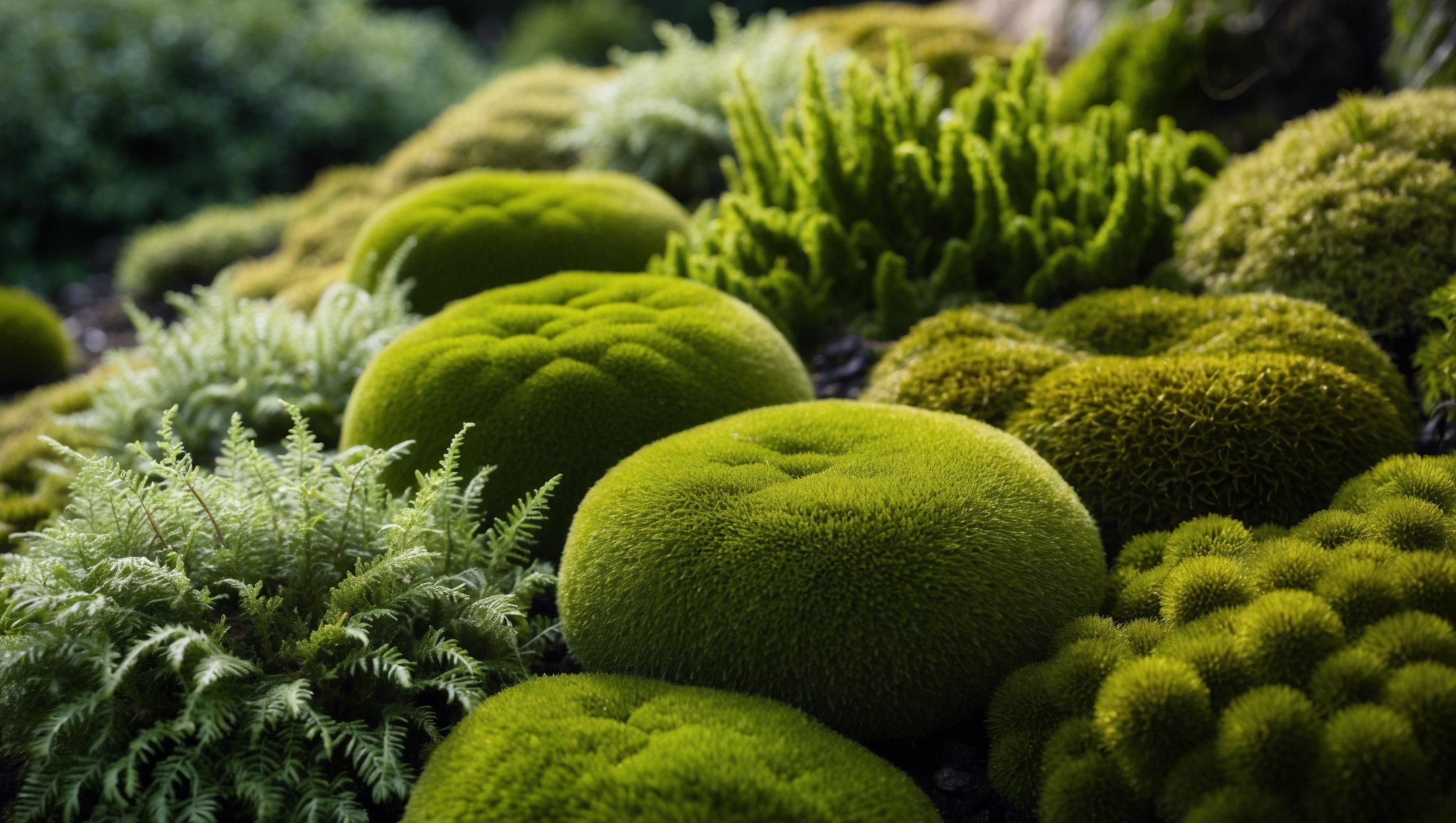 Lush moss garden with a variety of textures and shades of green
