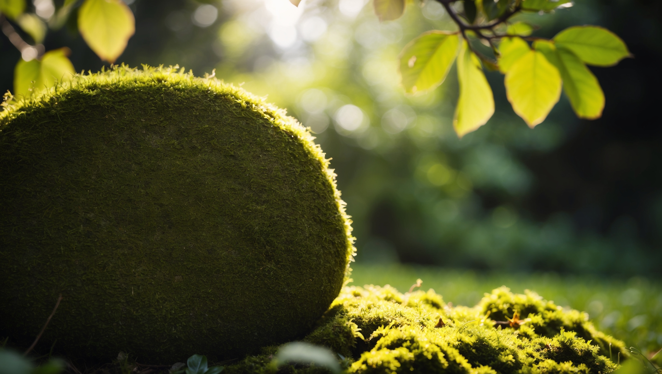 Moss-covered garden stone with hints of sunlight
