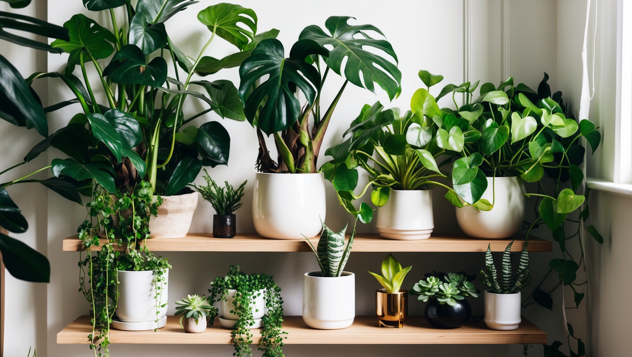 A cozy indoor plant shelf