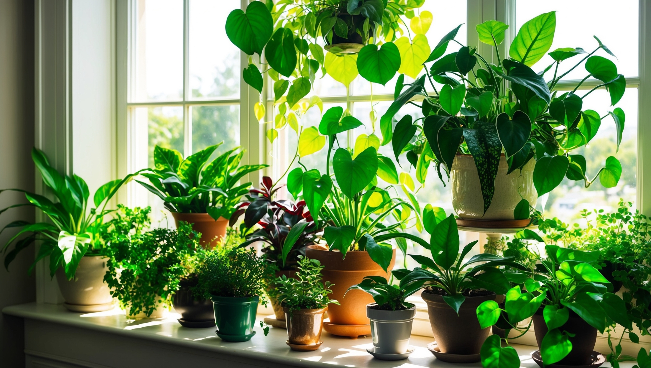 A collection of various houseplants radiating in sunlight