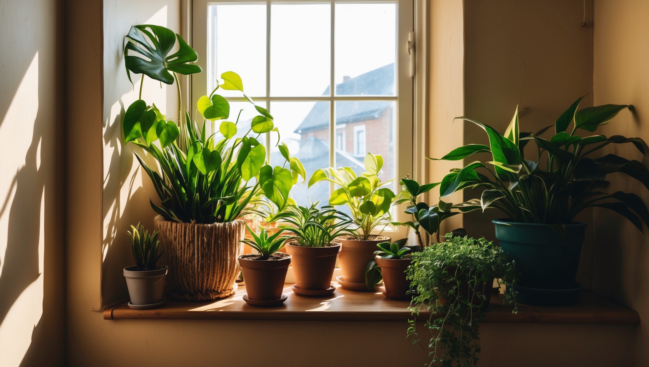 A cozy corner with a variety of houseplants basking in sunlight