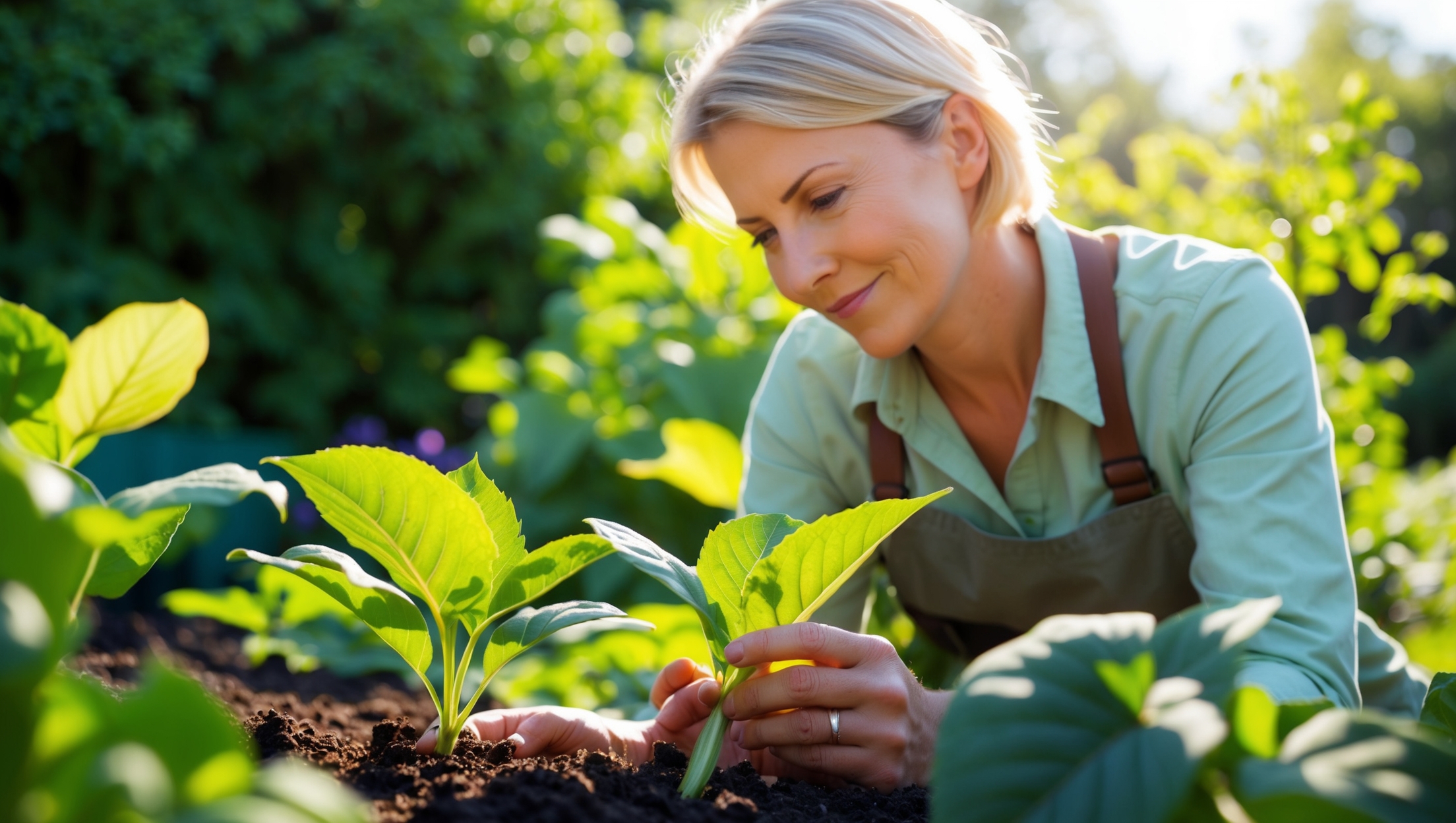 A gardener observing plants closely for signs of health