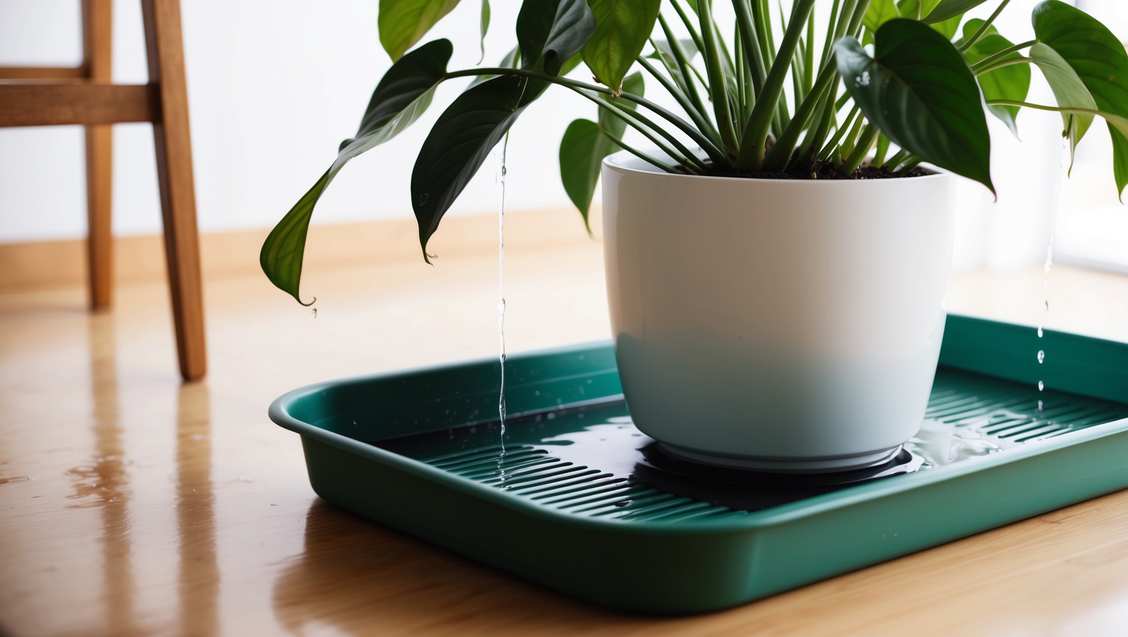 A houseplant with a drip tray, showing the importance of emptying excess water