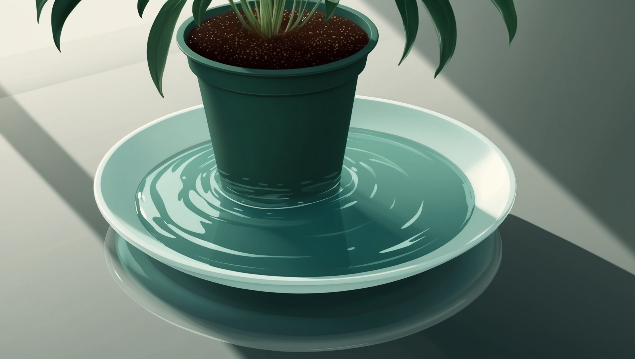 A plant soaking up water from a saucer below its pot