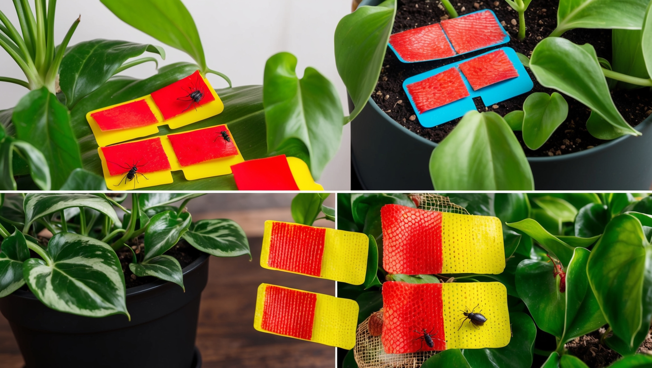 Brightly colored sticky traps near houseplants, ready to catch gnats
