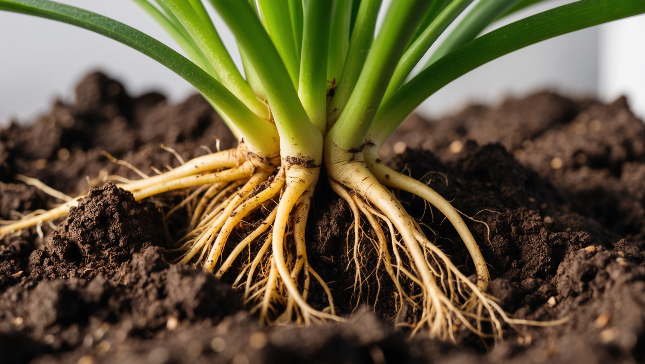 Close-up of a plant's roots with healthy, moist soil