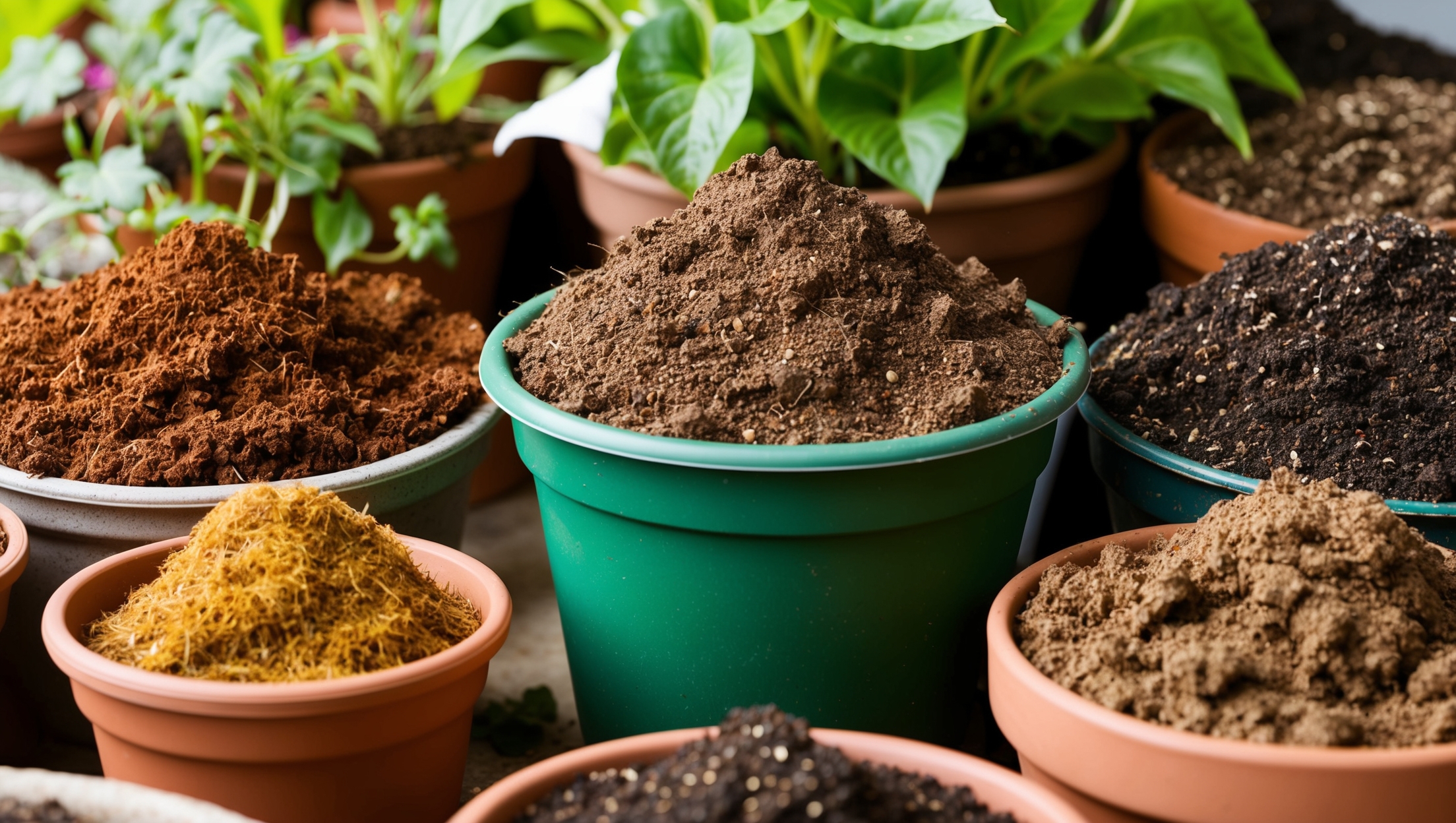 Close-up of different types of plant soil and pots