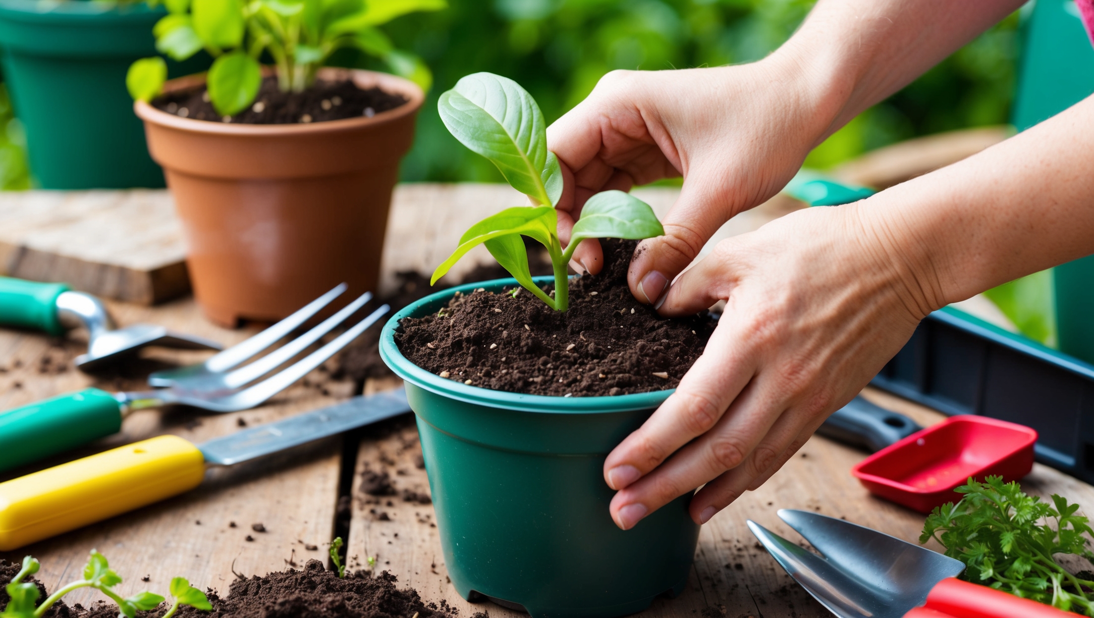 Hands carefully placing a plant into a pot with fresh soil