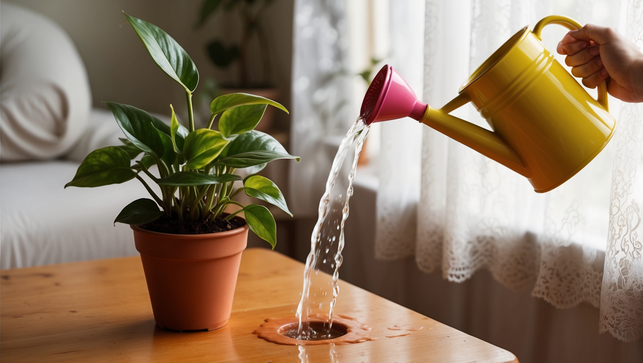 A hand watering a small pothos plant with a cheerful watering can