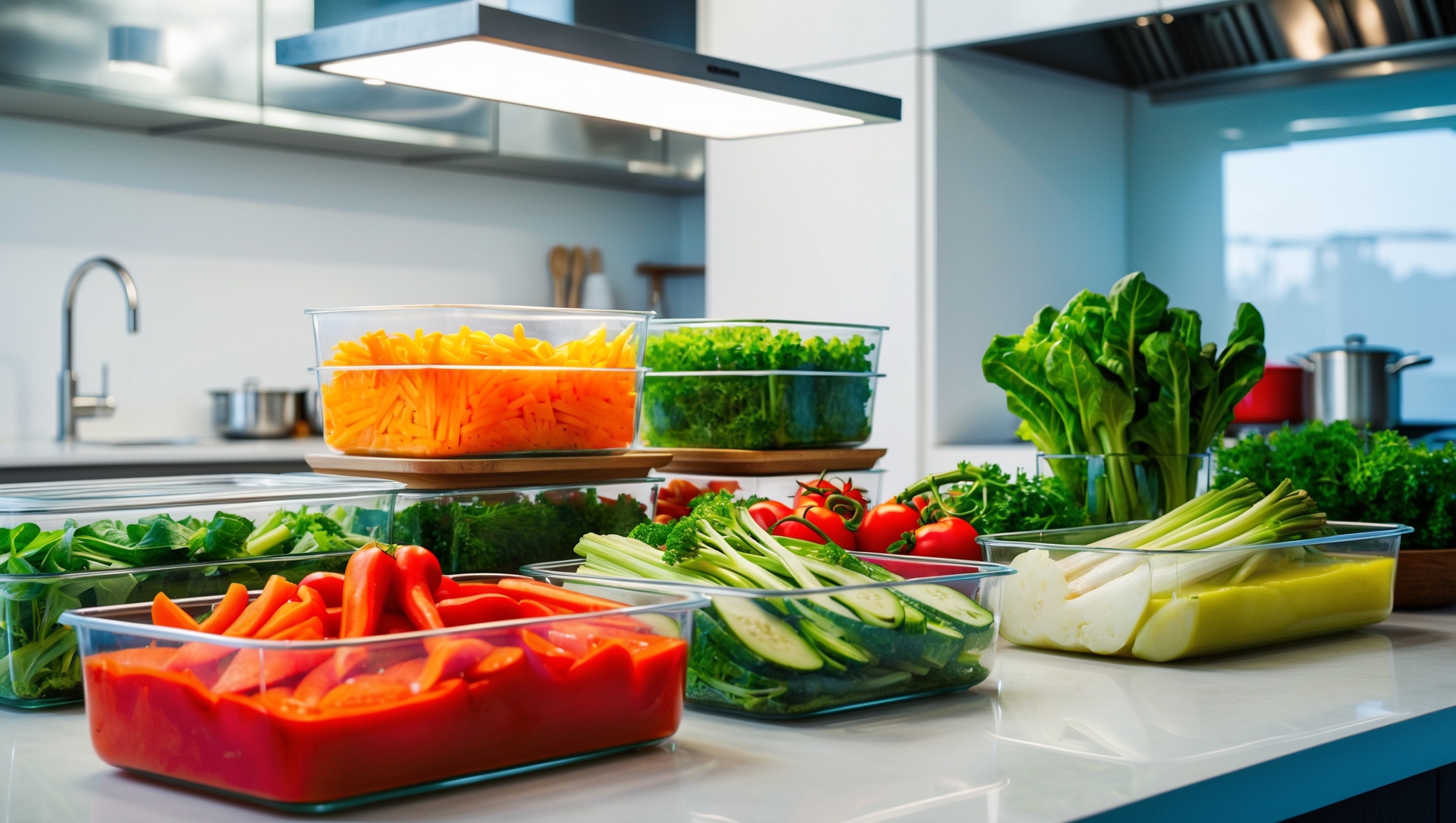 Colorful array of prepped vegetables in containers
