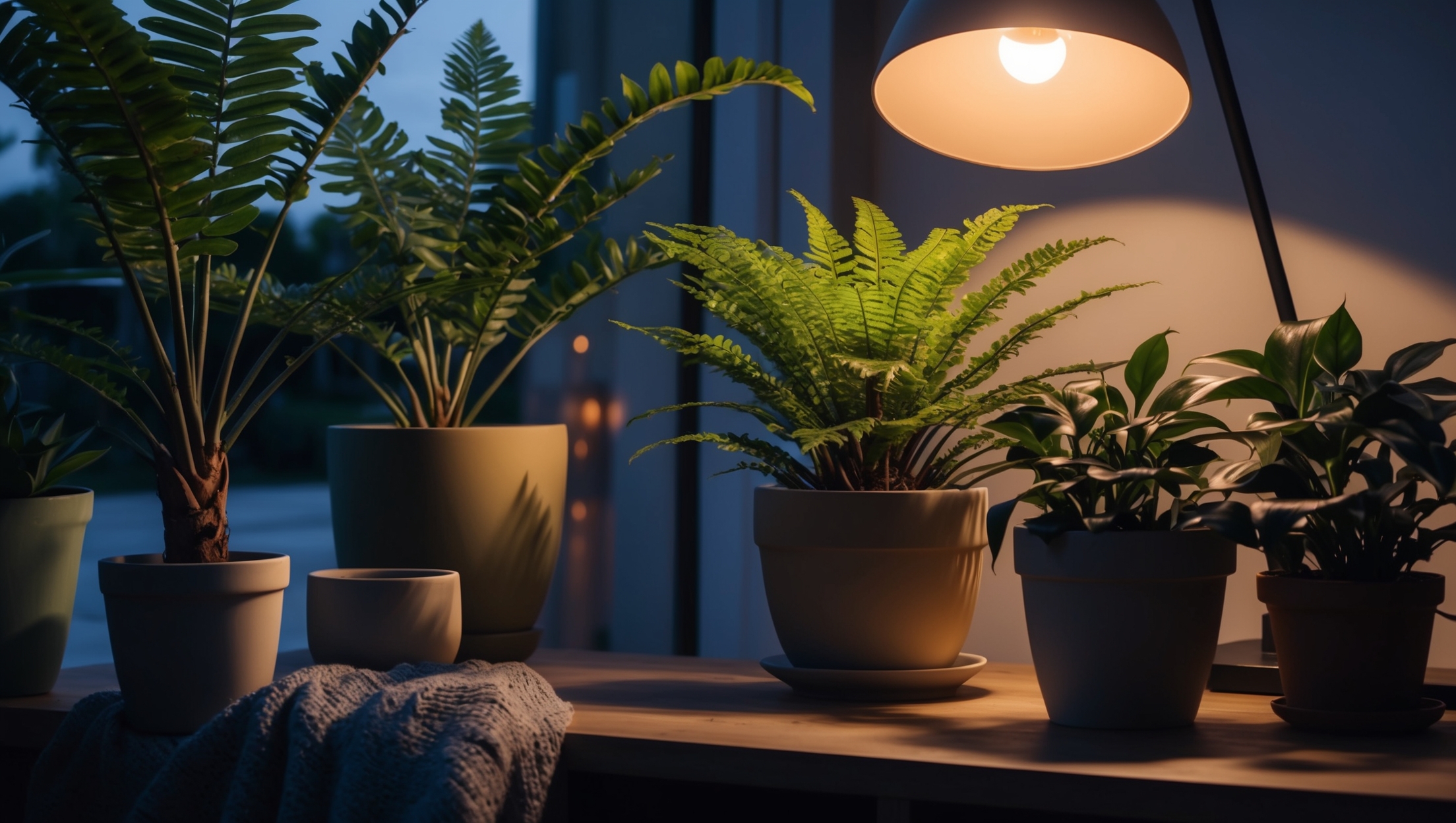 Evening houseplant scene with ambient light