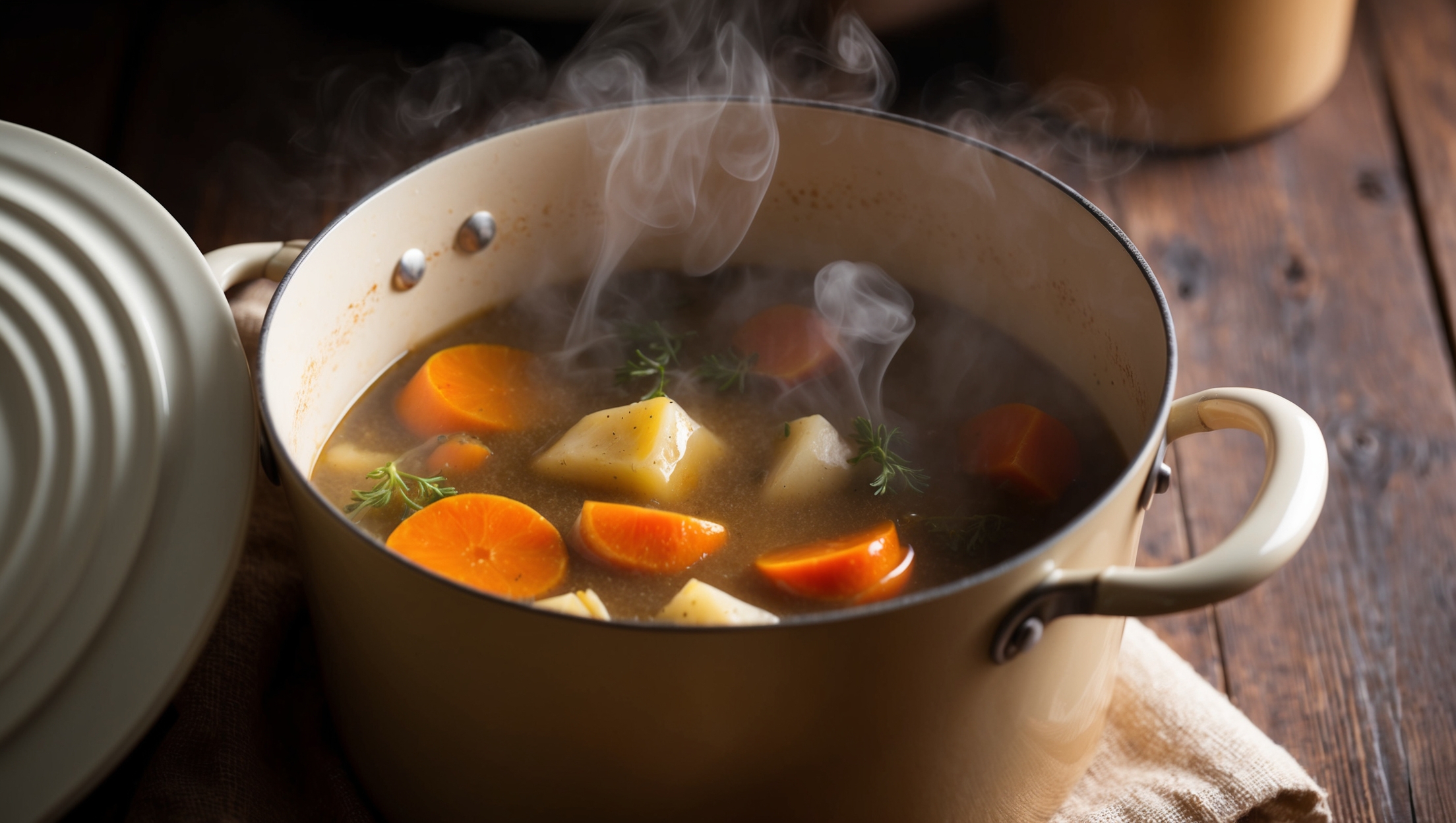 Homemade vegetable stock simmering in a pot