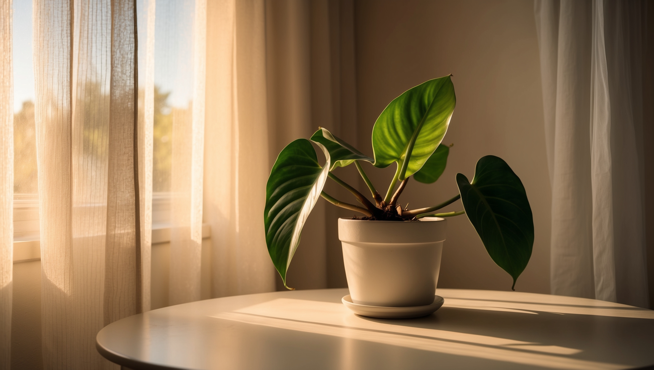 Morning sunlight on philodendron leaves