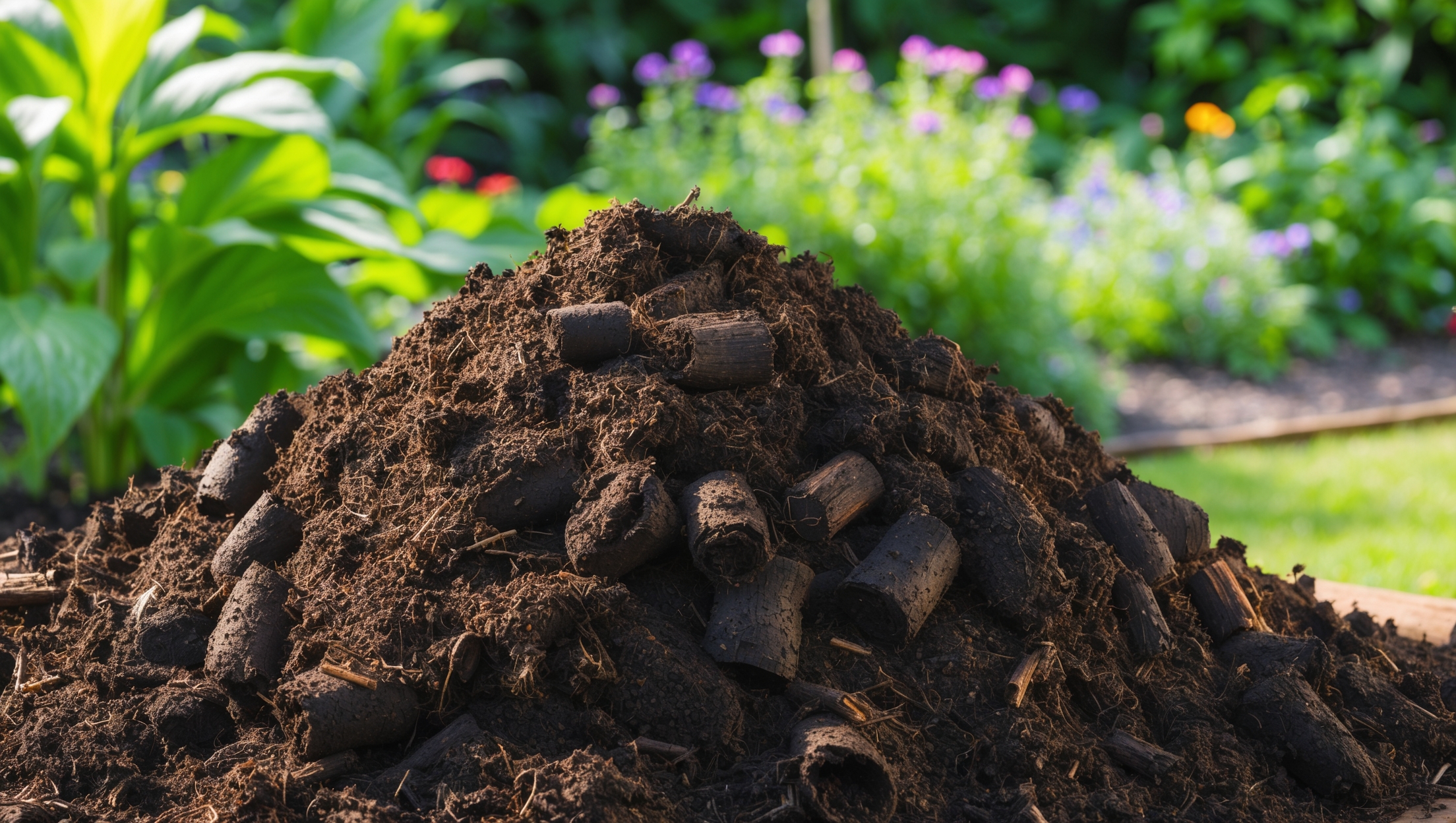 Rich, dark compost in a garden setting