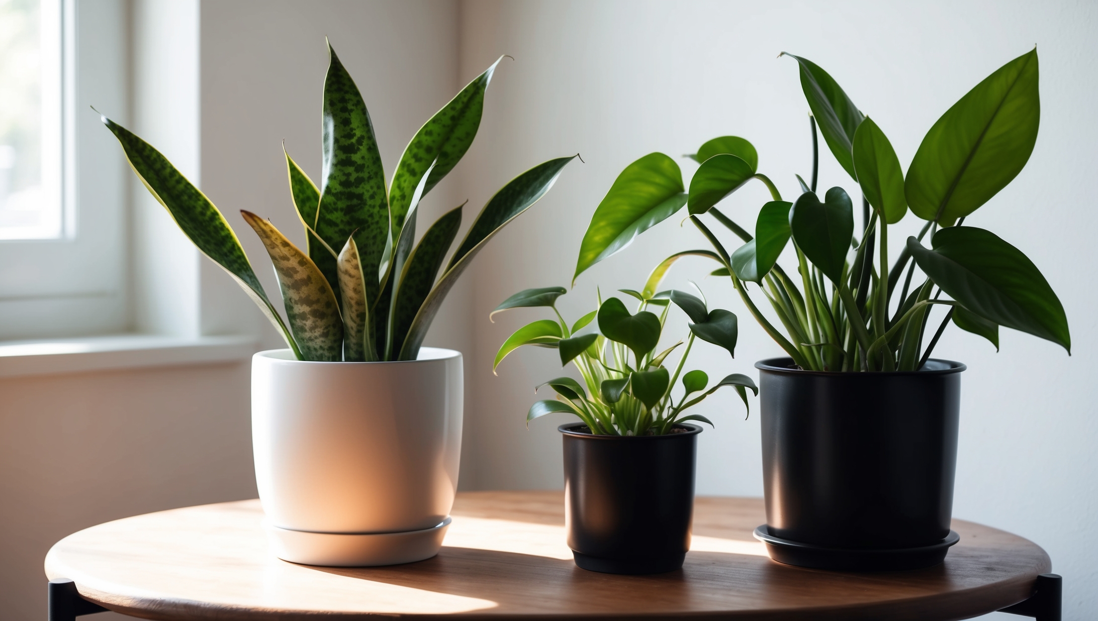 Selection of easy-care houseplants like snake plant and ZZ plant by a sunny window