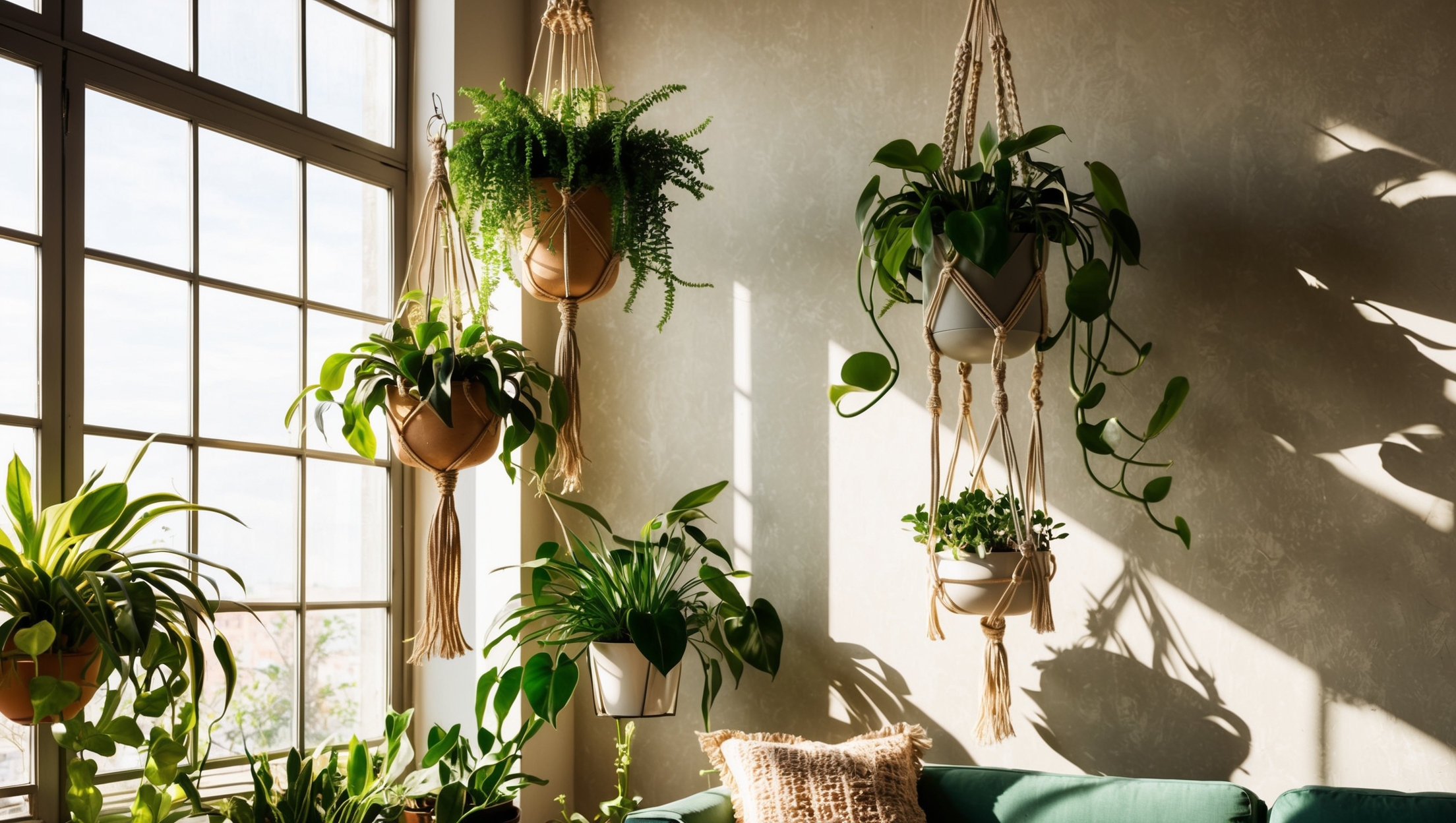 Stylish plant arrangement in a cozy living room with hanging planters and a macrame holder