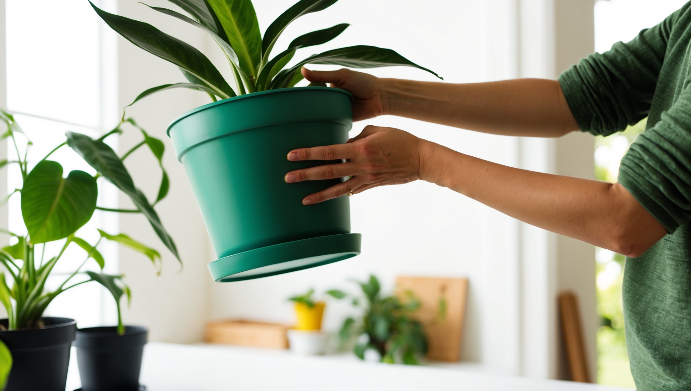 A person lifting a plant pot to check its weight