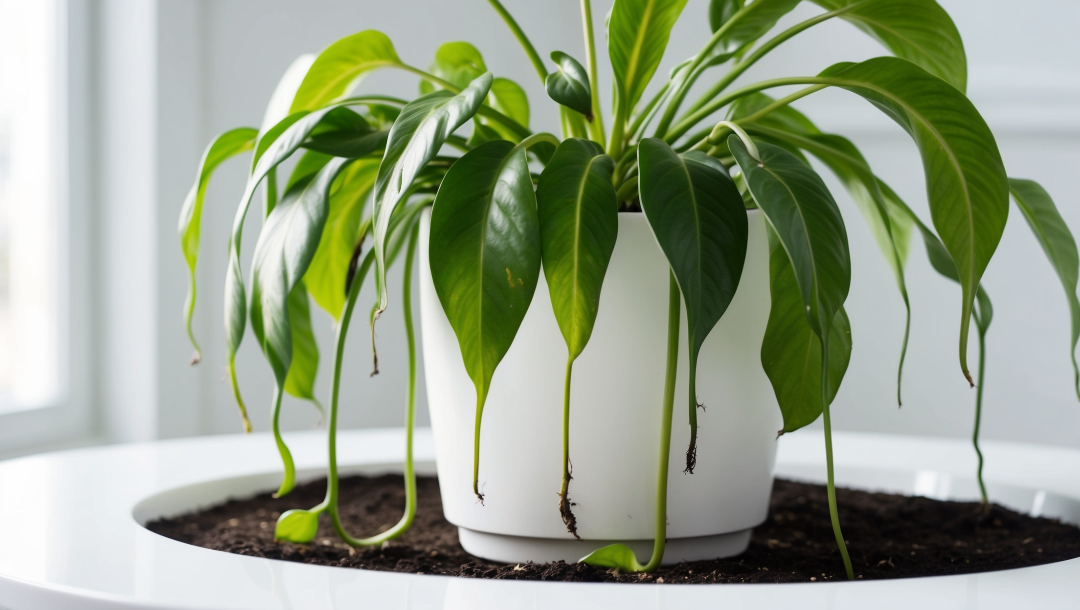 Droopy leaves on a houseplant indicating it needs water