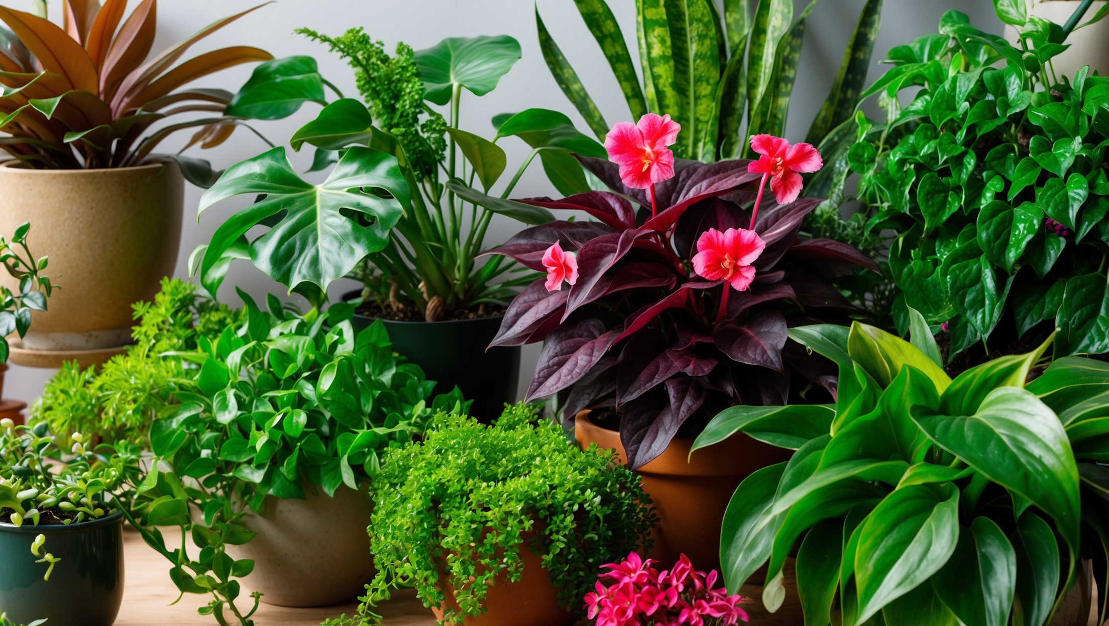 A collection of thriving houseplants in various stages of growth