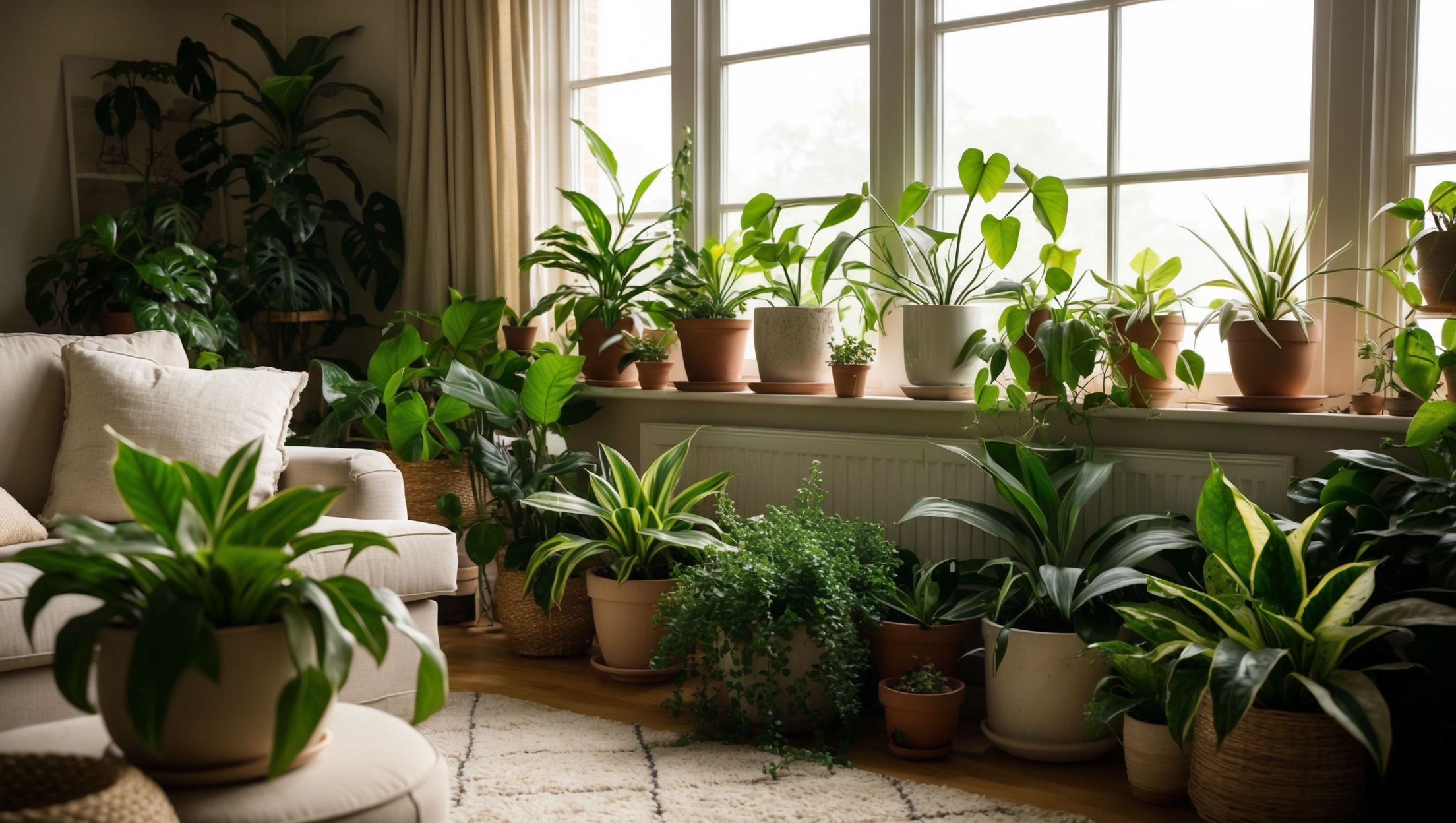 A cozy living room with a variety of plants enjoying stable temperatures