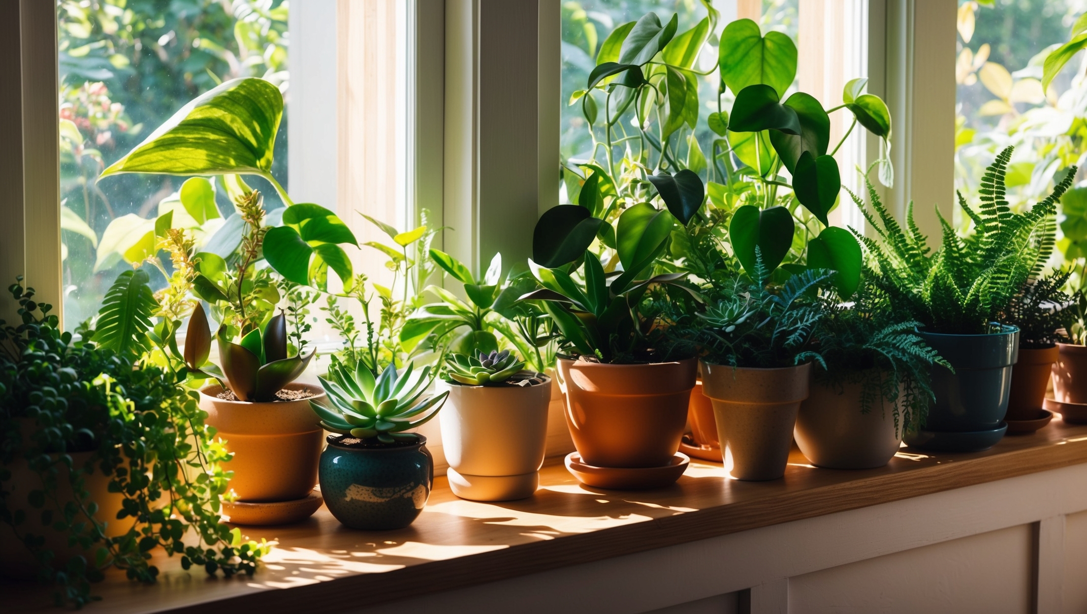 A sunny windowsill crowded with a variety of leafy plants soaking up the light