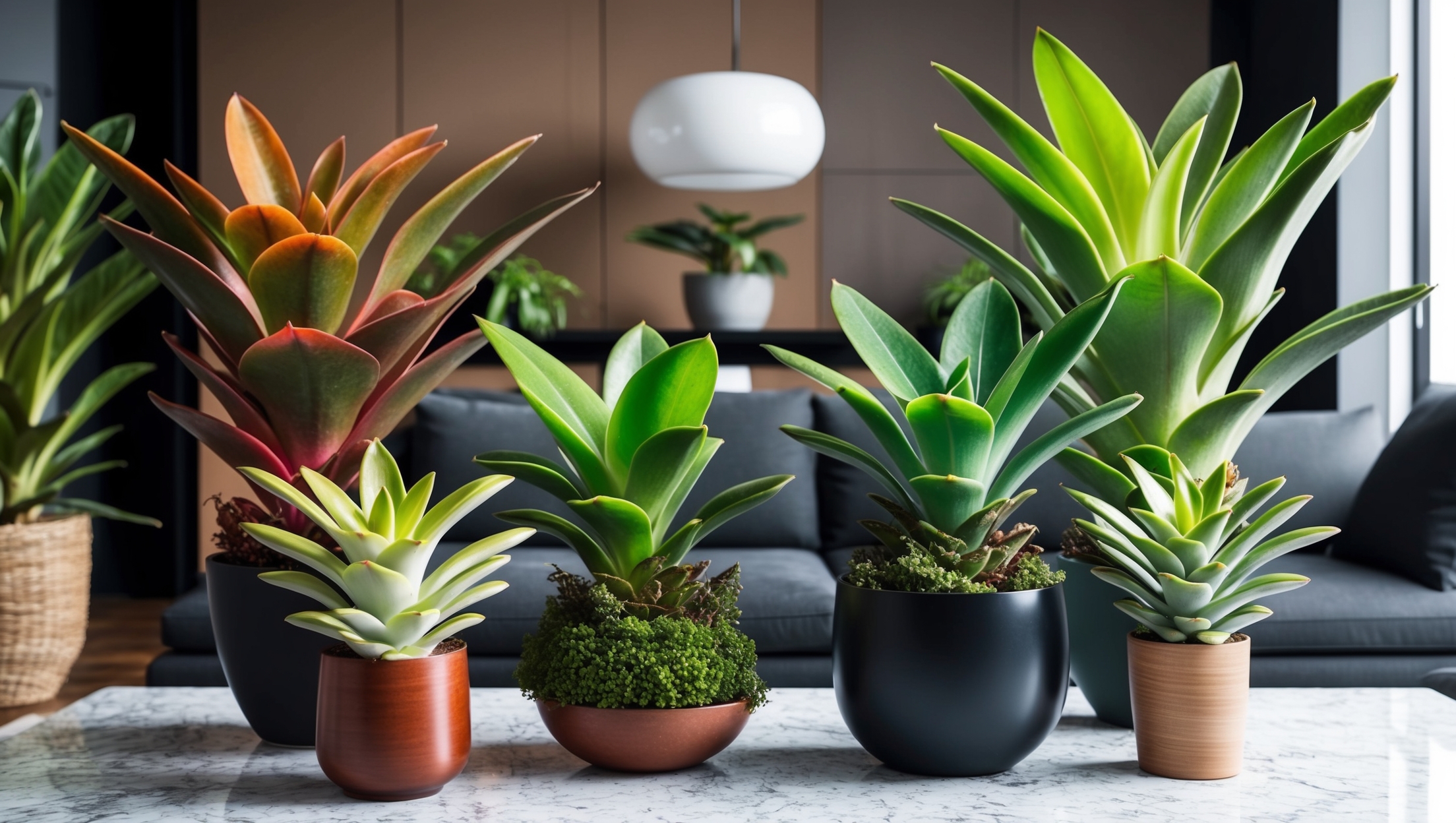 Stylish display of bromeliads in a modern living room
