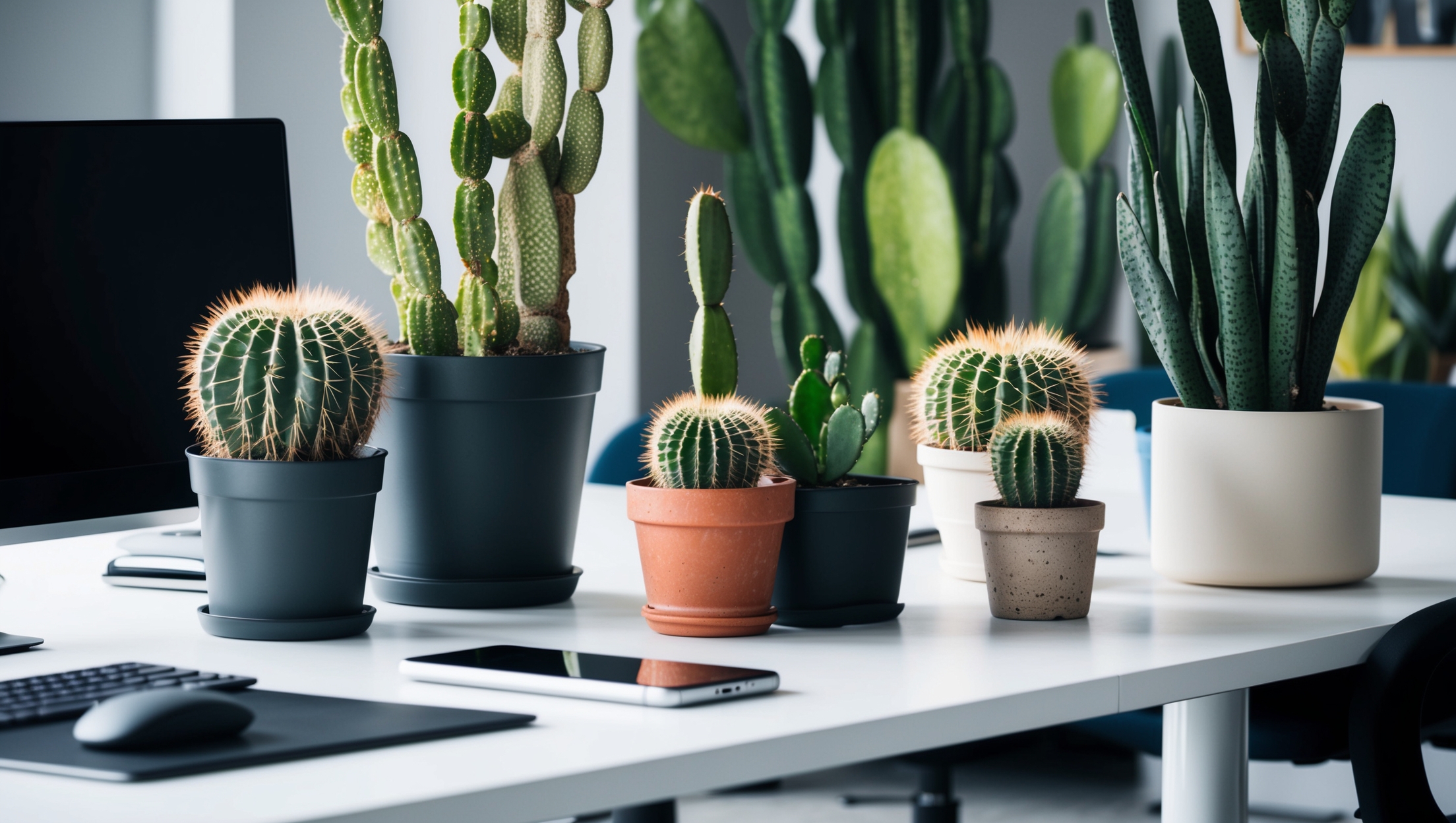A cacti collection on an office desk