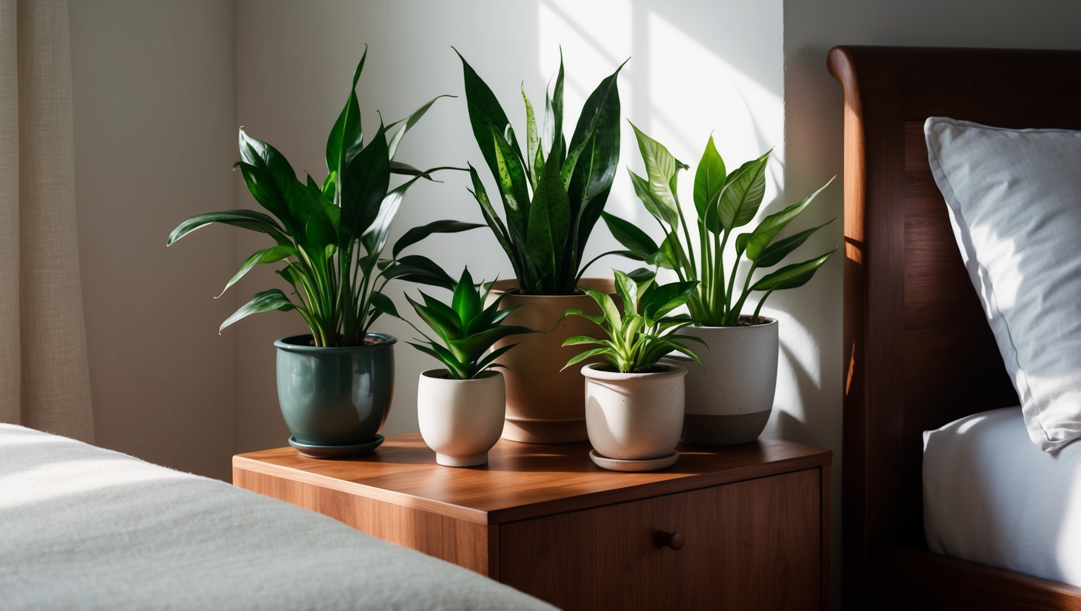 A collection of bedroom-friendly plants on a nightstand