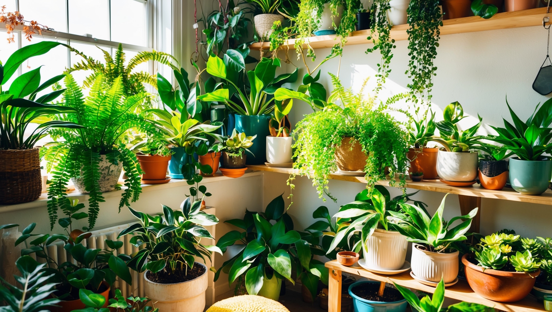 A collection of various houseplants in a sunlit room
