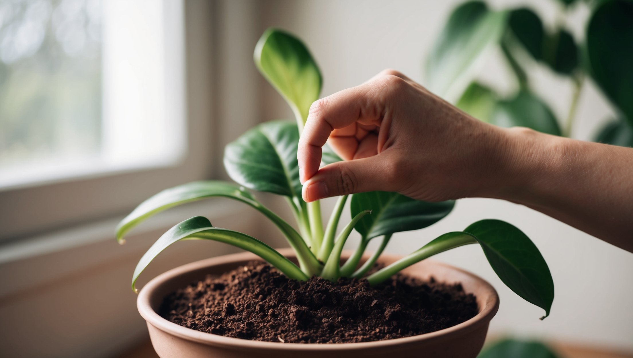 A person gently checking soil moisture with their finger