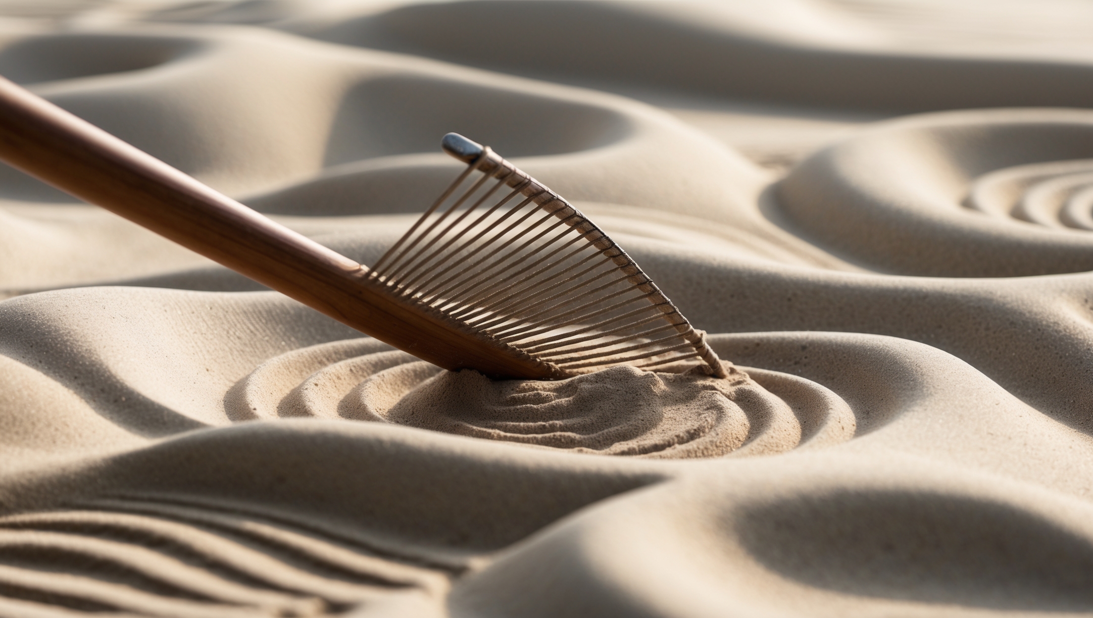 Close-up of a Zen garden rake in sand