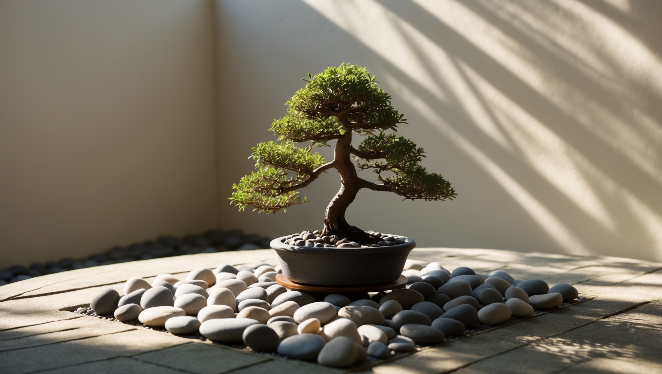 Serene Zen garden with pebbles and a small bonsai
