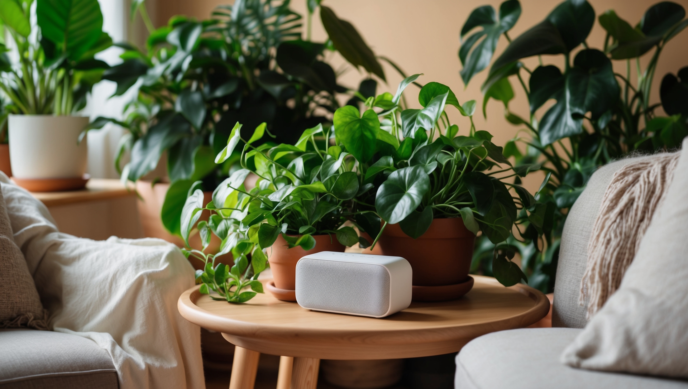 Cozy plant-filled living room with background music