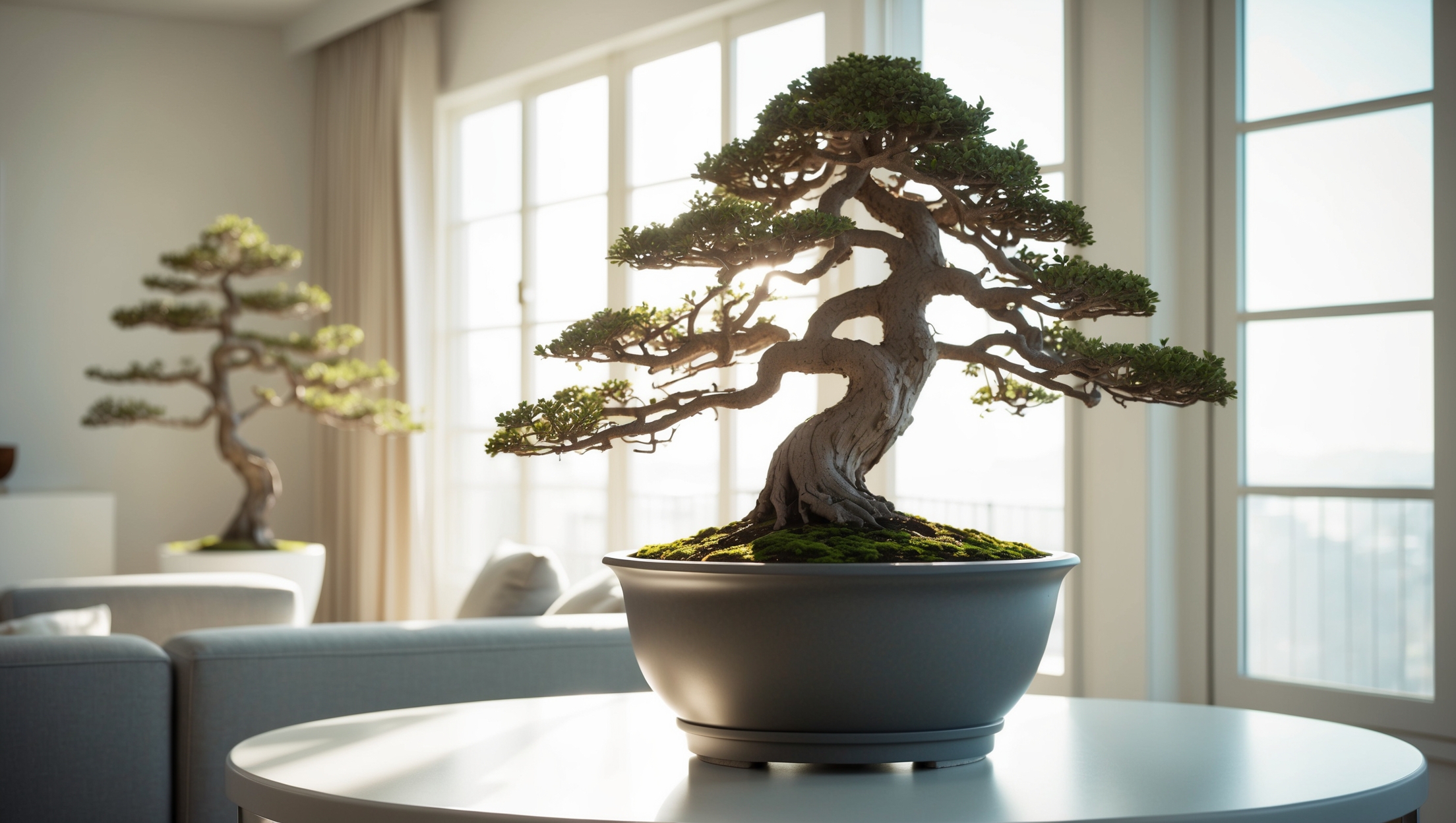 A beautifully curated bonsai tree in a stylish pot