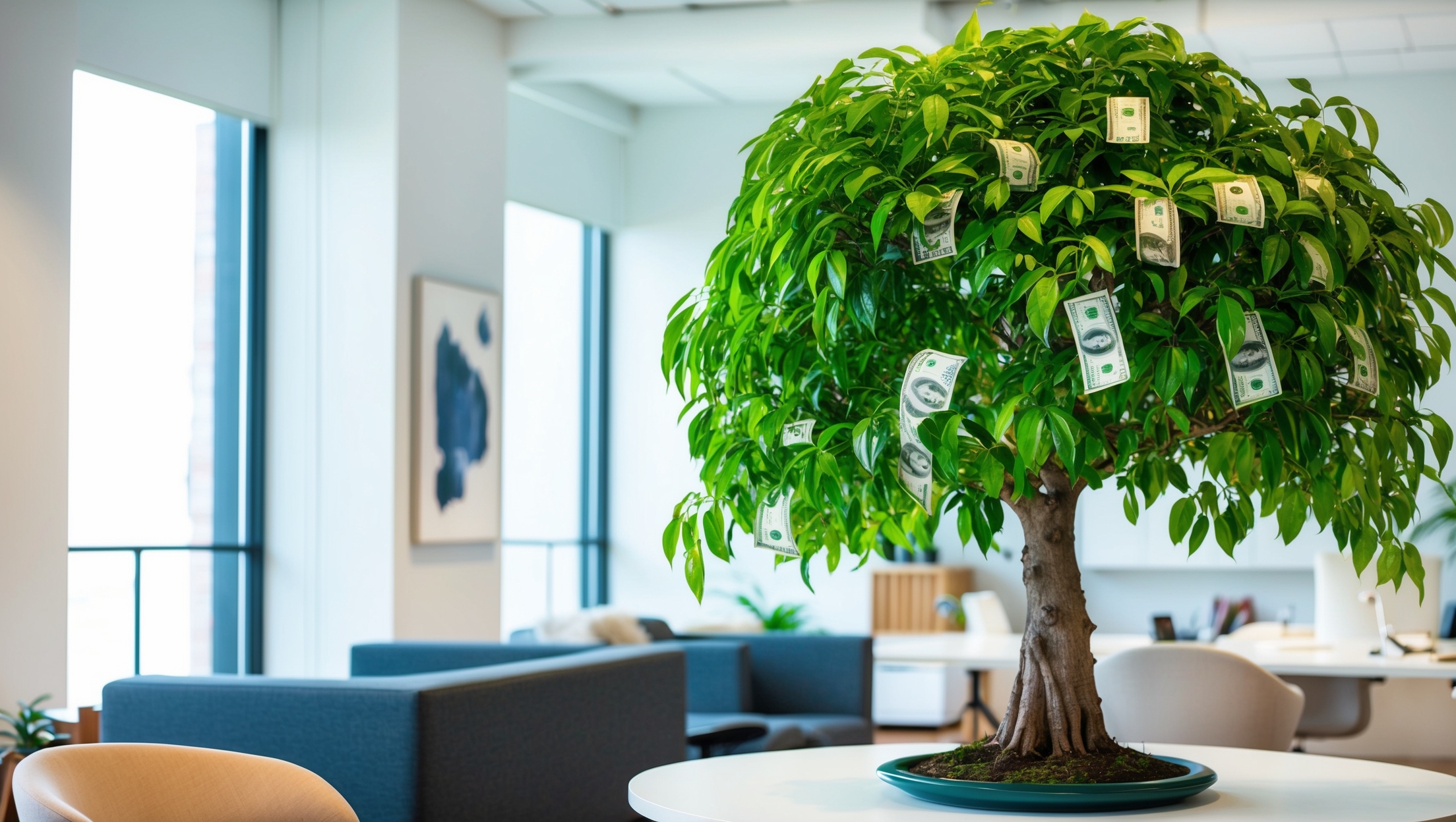 A lush money tree brightening up an office space