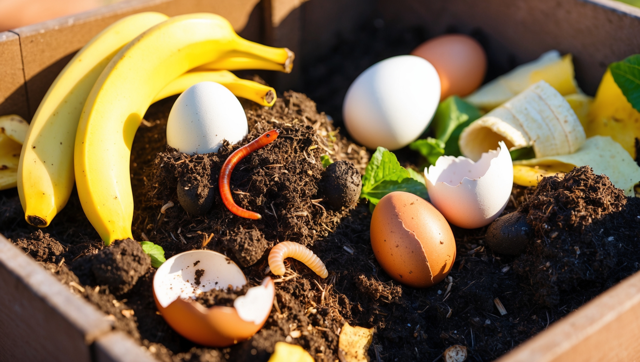 Close-up of a compost bin teeming with organic matter and earthworms