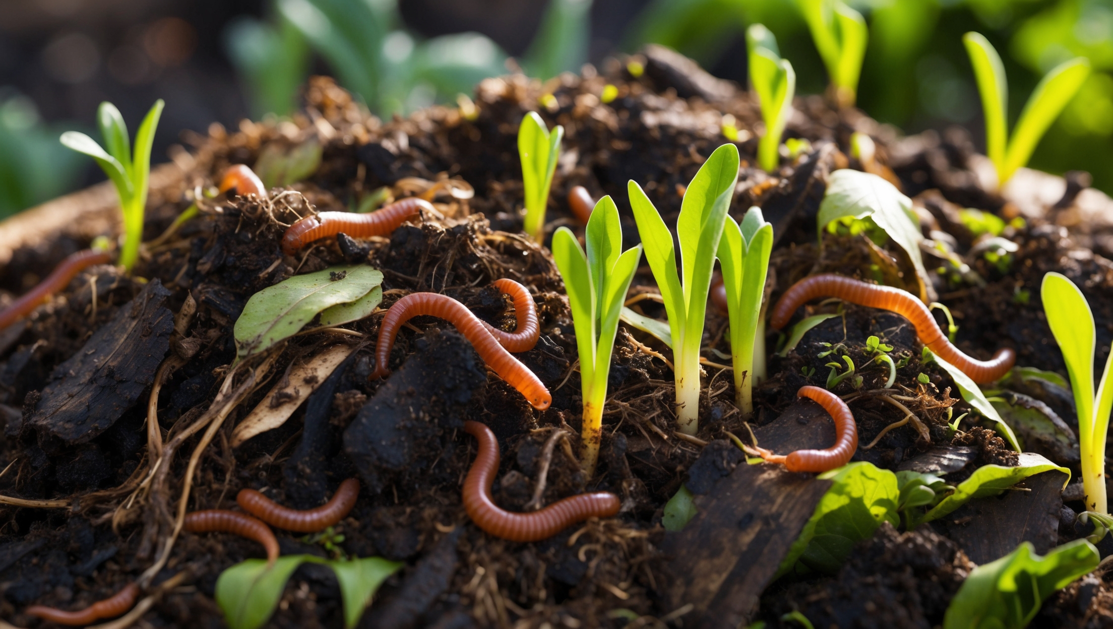 Compost heap with visible plant growth and worms visible