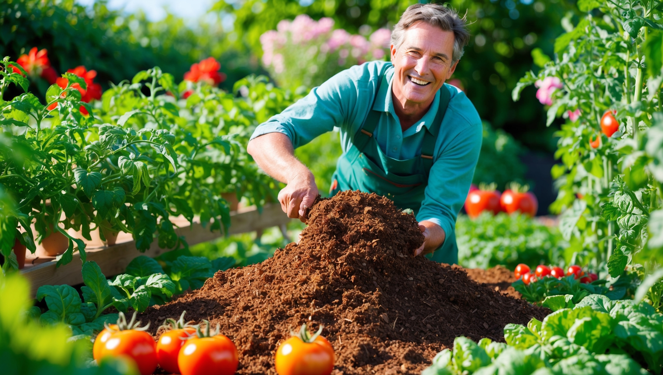 Gardener spreading finished compost onto vegetable garden