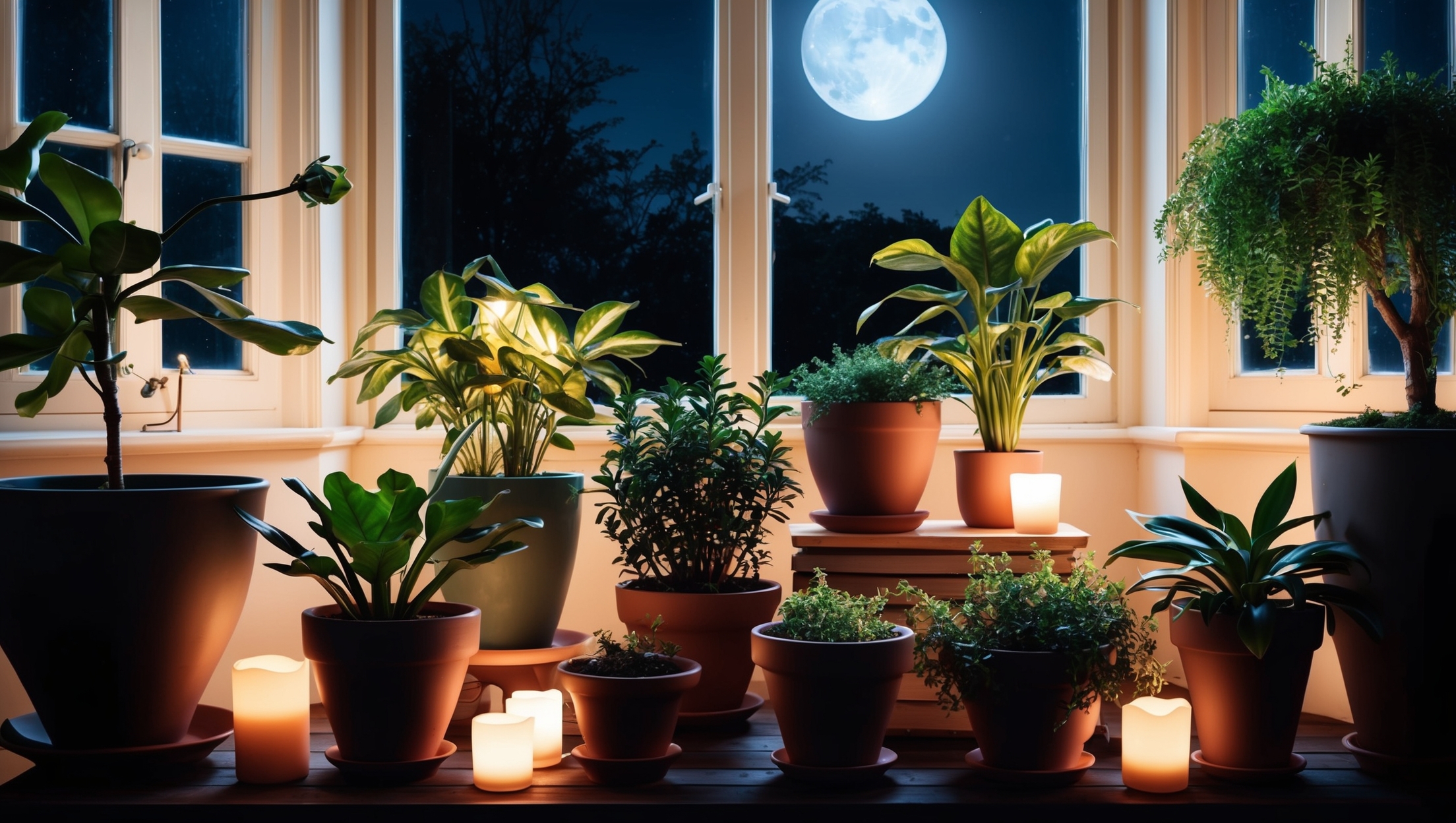 Night setup with moonlit indoor garden
