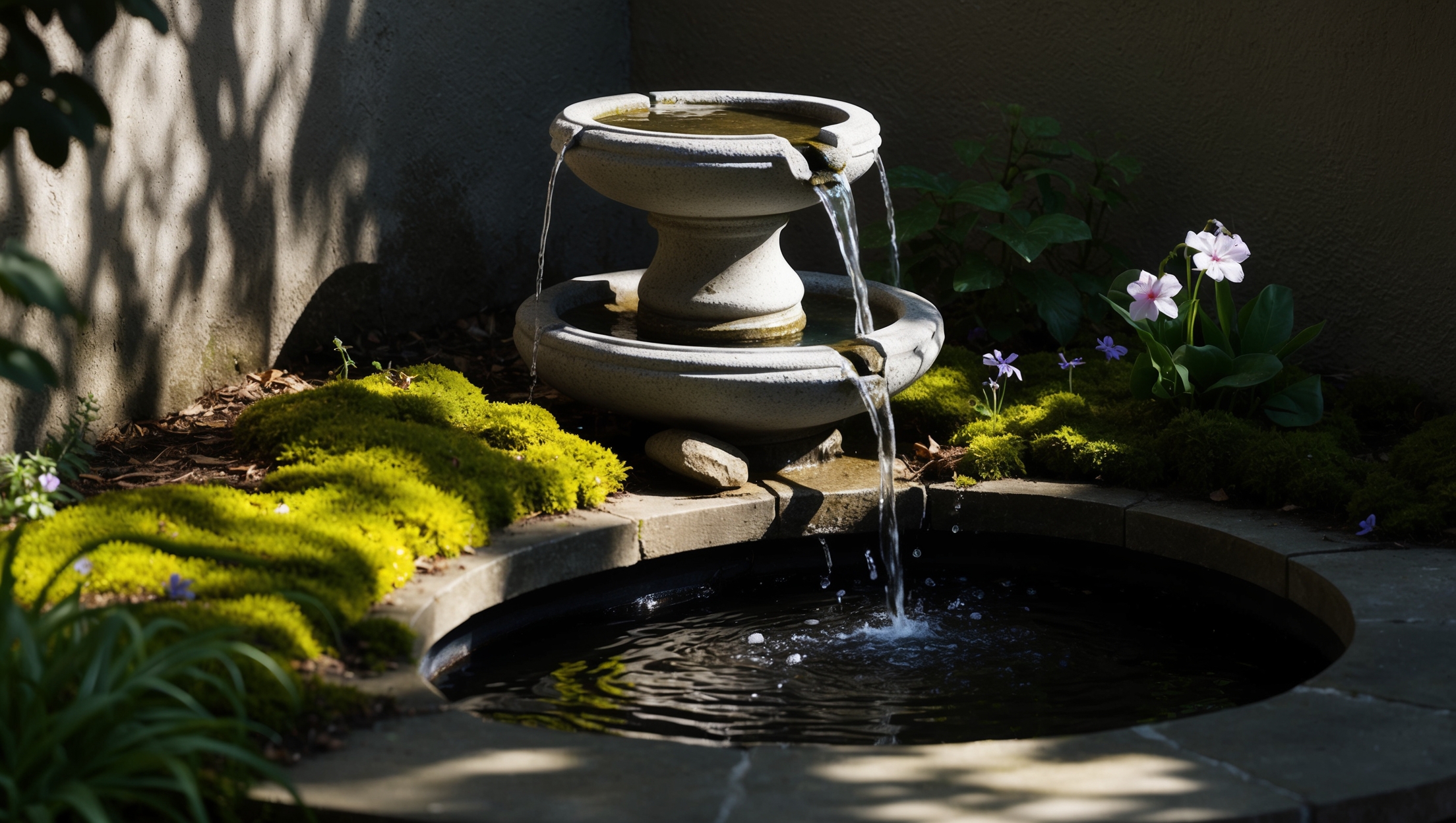 Shaded garden with a peaceful fountain