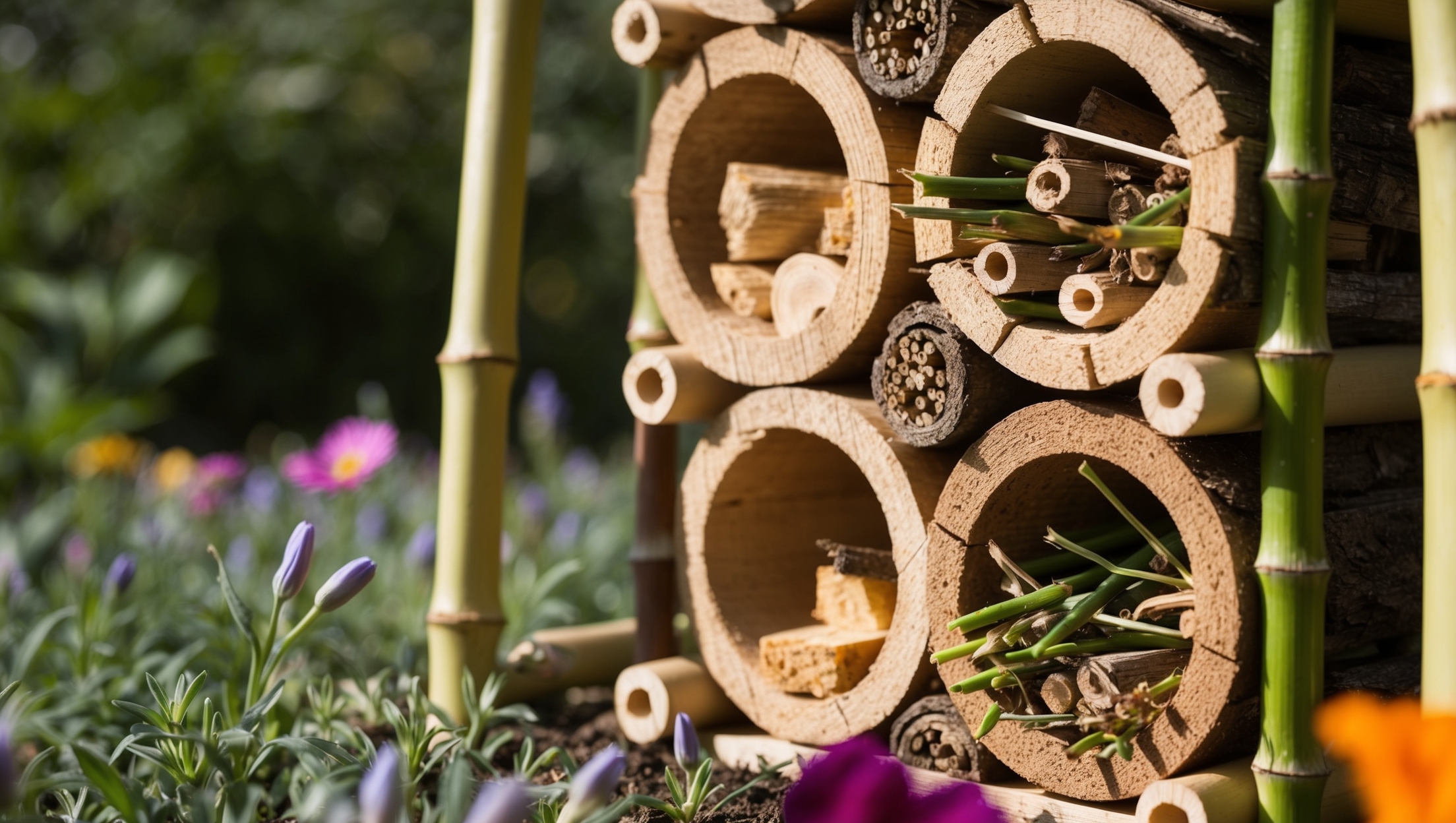 A handcrafted bug hotel with various compartments made from natural materials