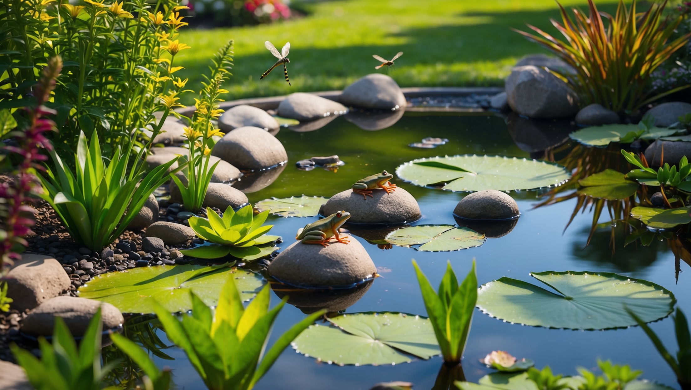 A small garden pond with rocks and lily pads, surrounded by lush vegetation and a few visiting frogs and dragonflies
