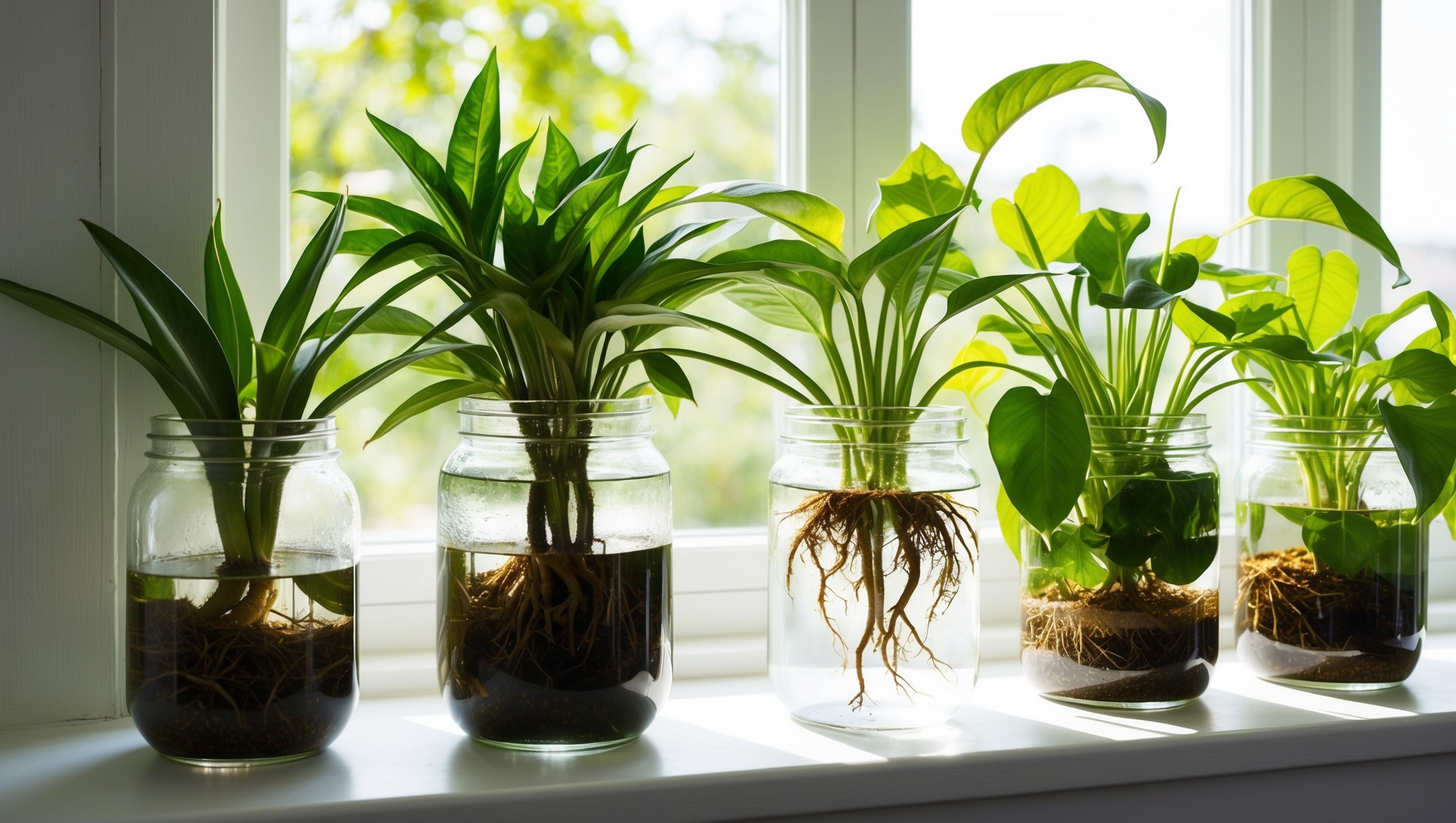 A collection of indoor plants thriving in water, beautifully arranged on a sunny windowsill