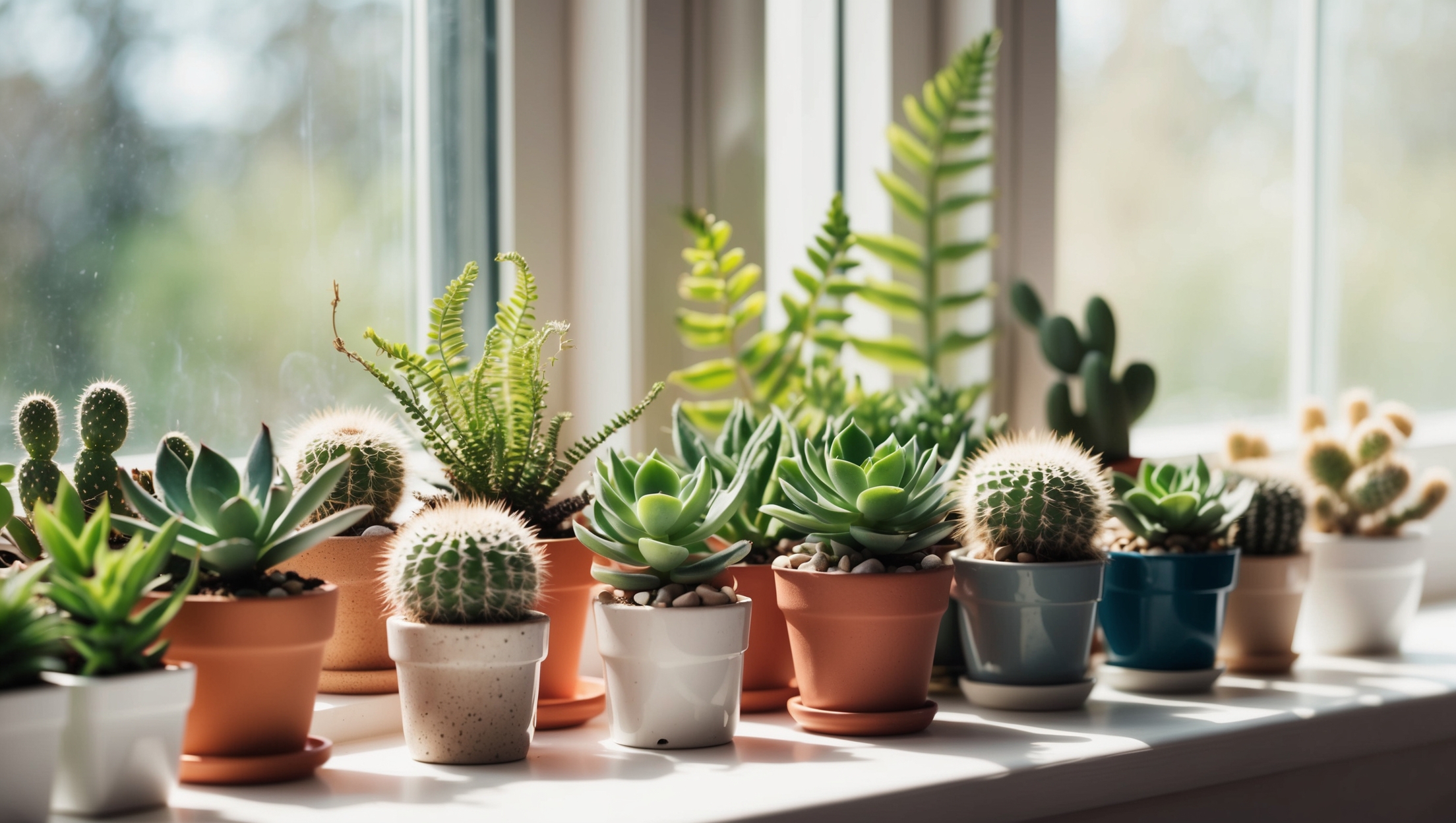 a collection of micro house plants on a windowsill
