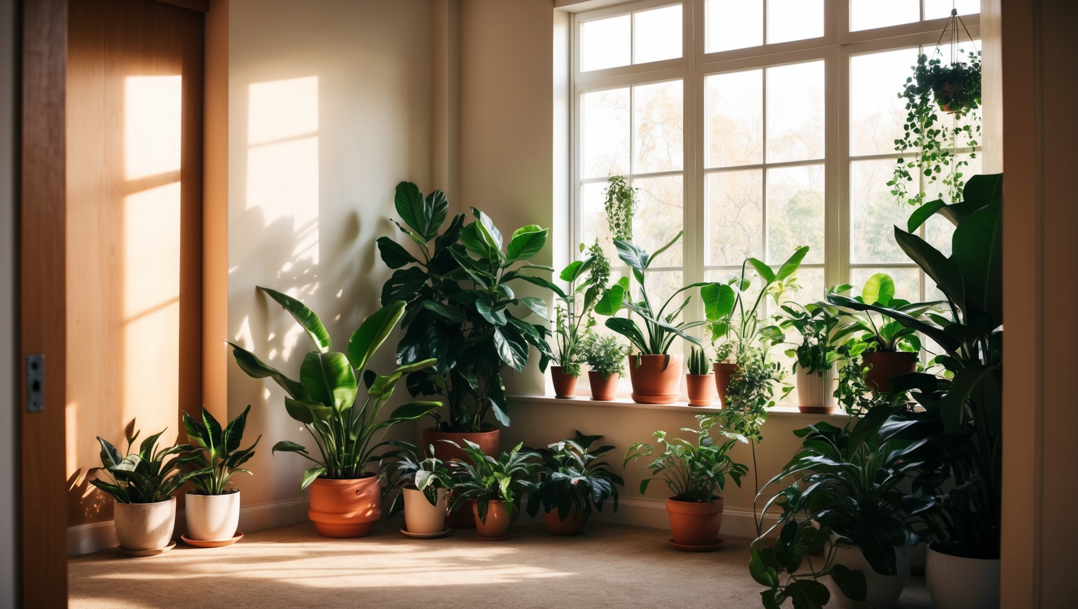 A cozy room with various houseplants basking in filtered sunlight from a large window