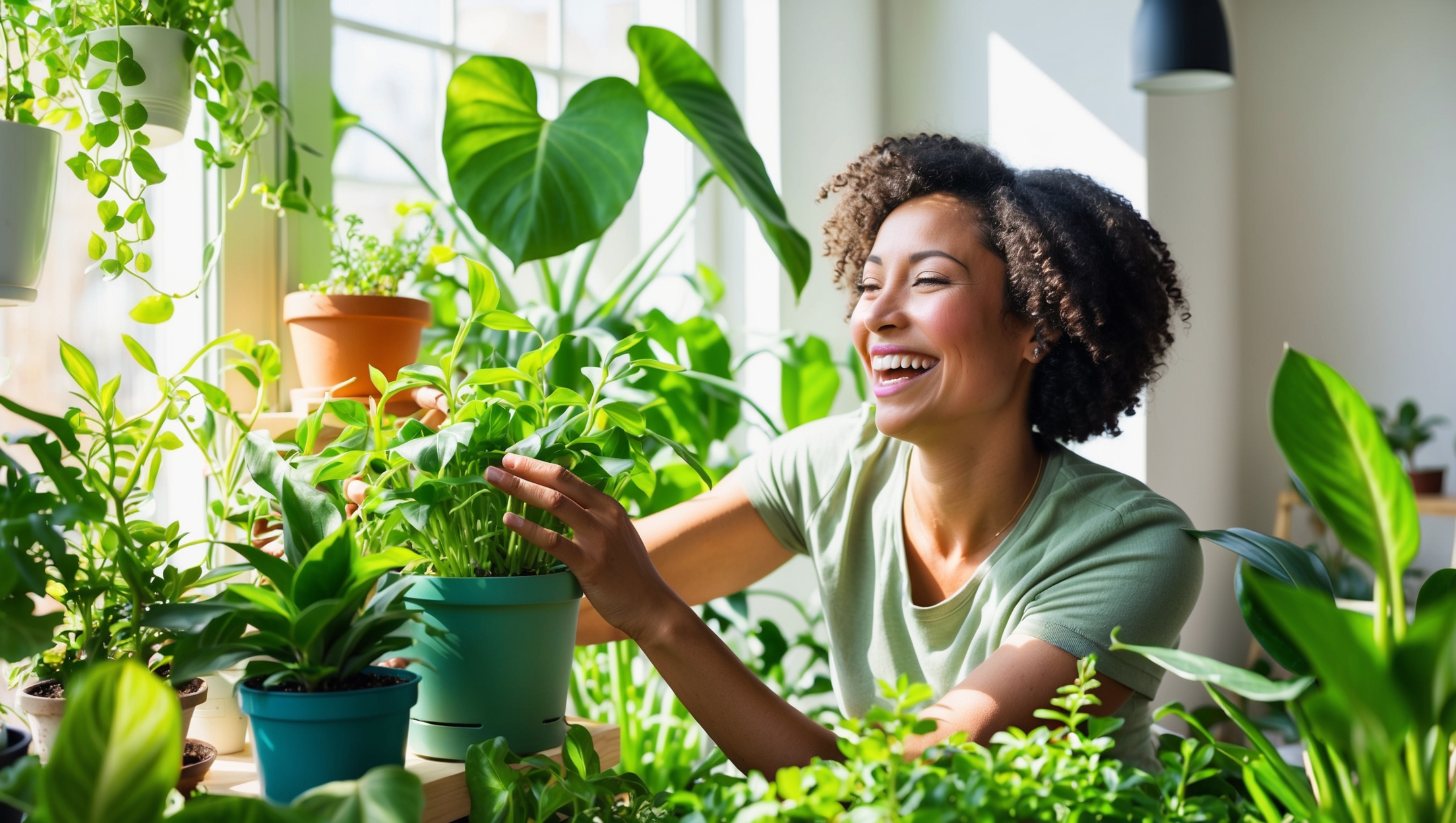 A happy plant owner tending to a sunlit indoor garden