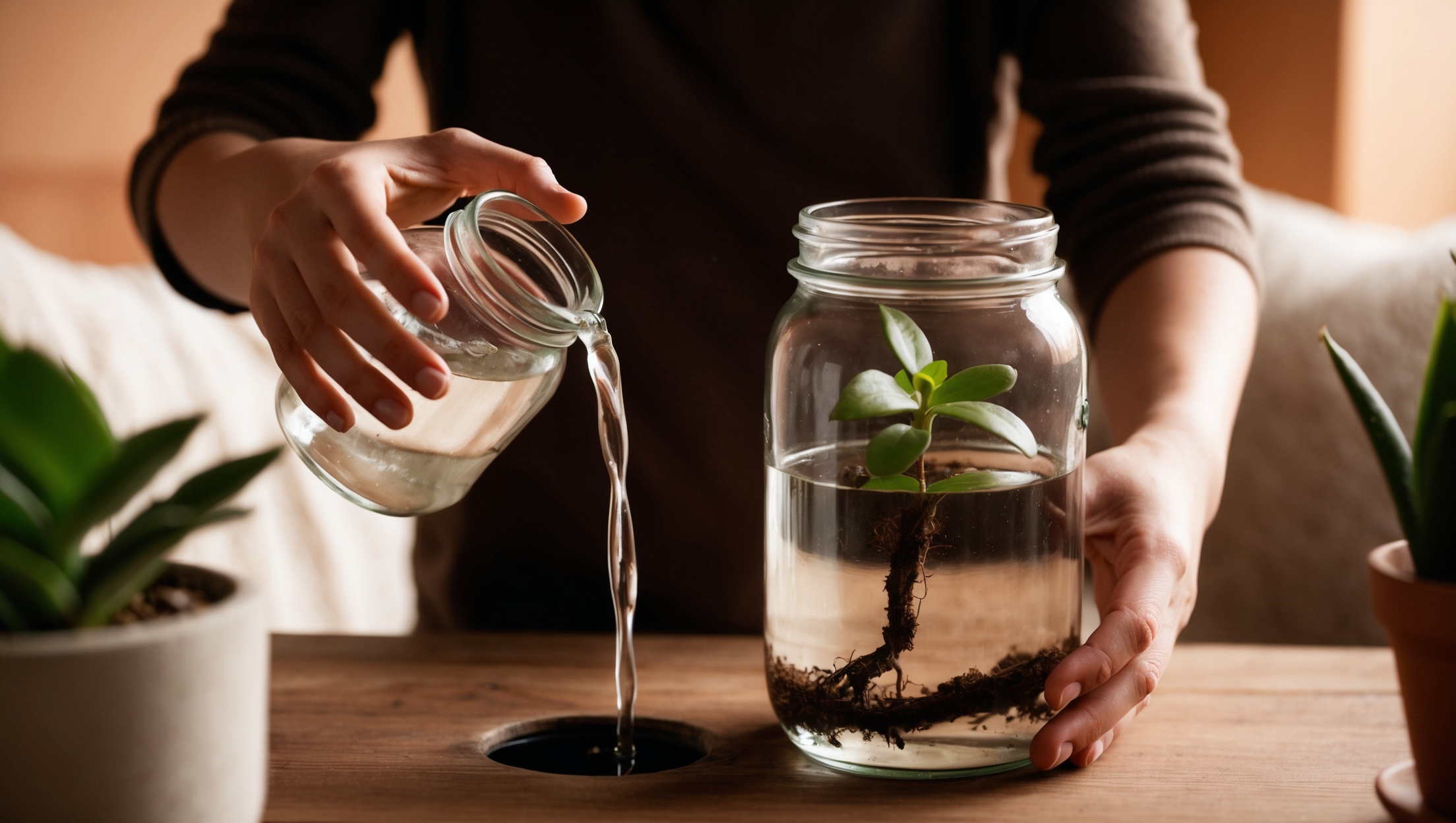 A person changing water in a plant jar, showcasing care for water-based plants