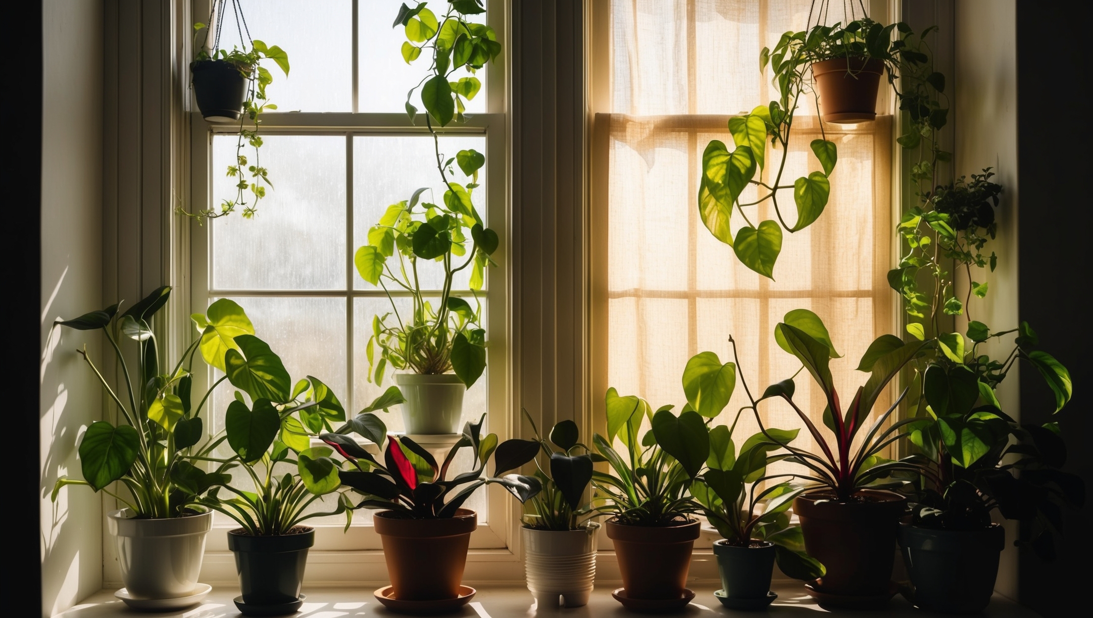 A sunlit window with various houseplants, some in shade